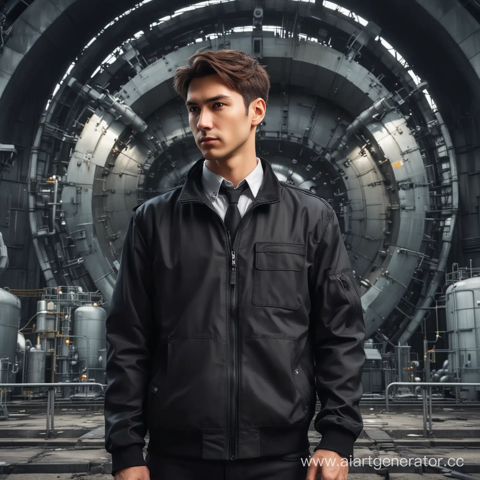 инженер мужчина перед атомным реактором в чёрной куртке , брюнет , в стиле аниме
