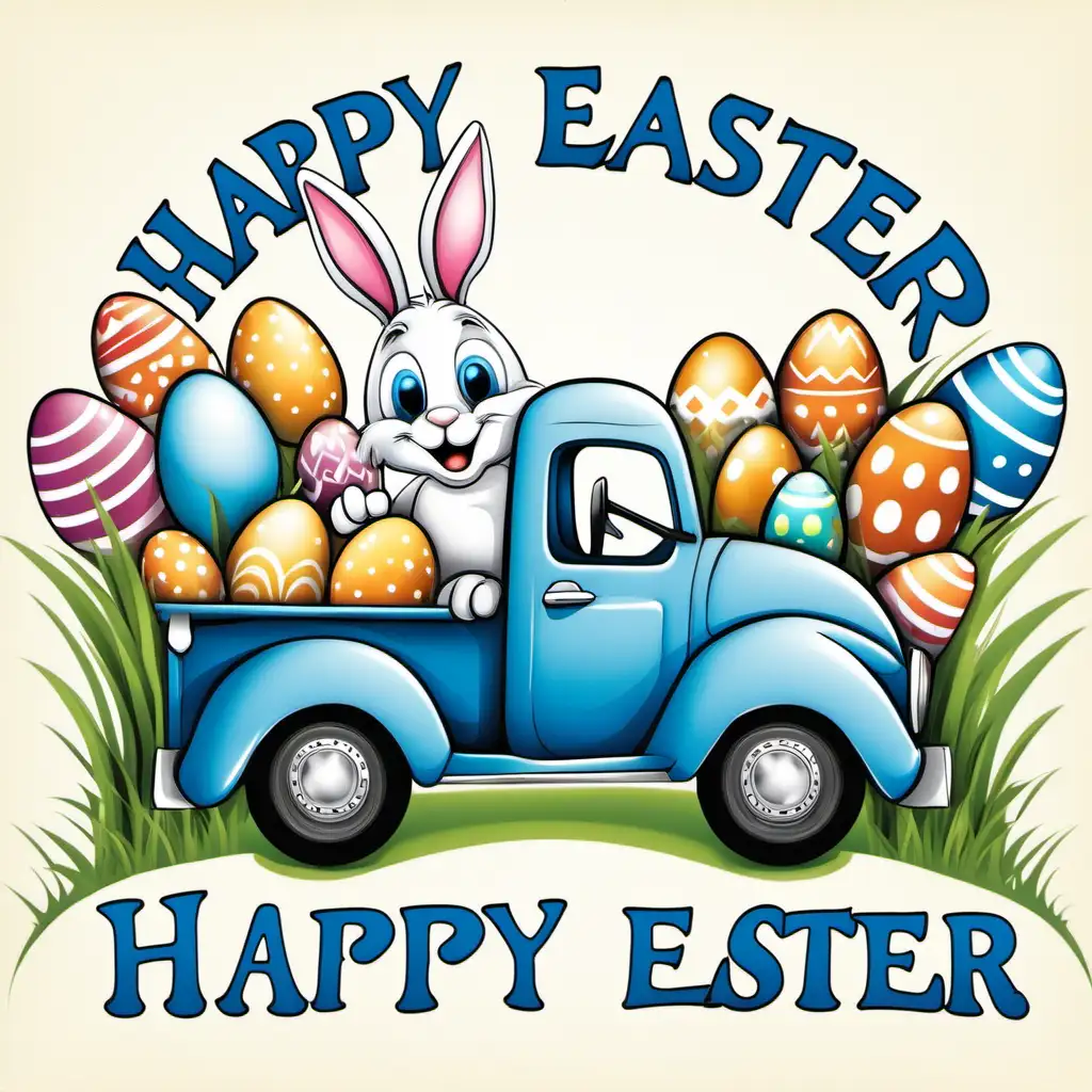 Joyful Easter Celebration with Arched Letters Easter Bunny and Blue Truck  on a Transparent Background