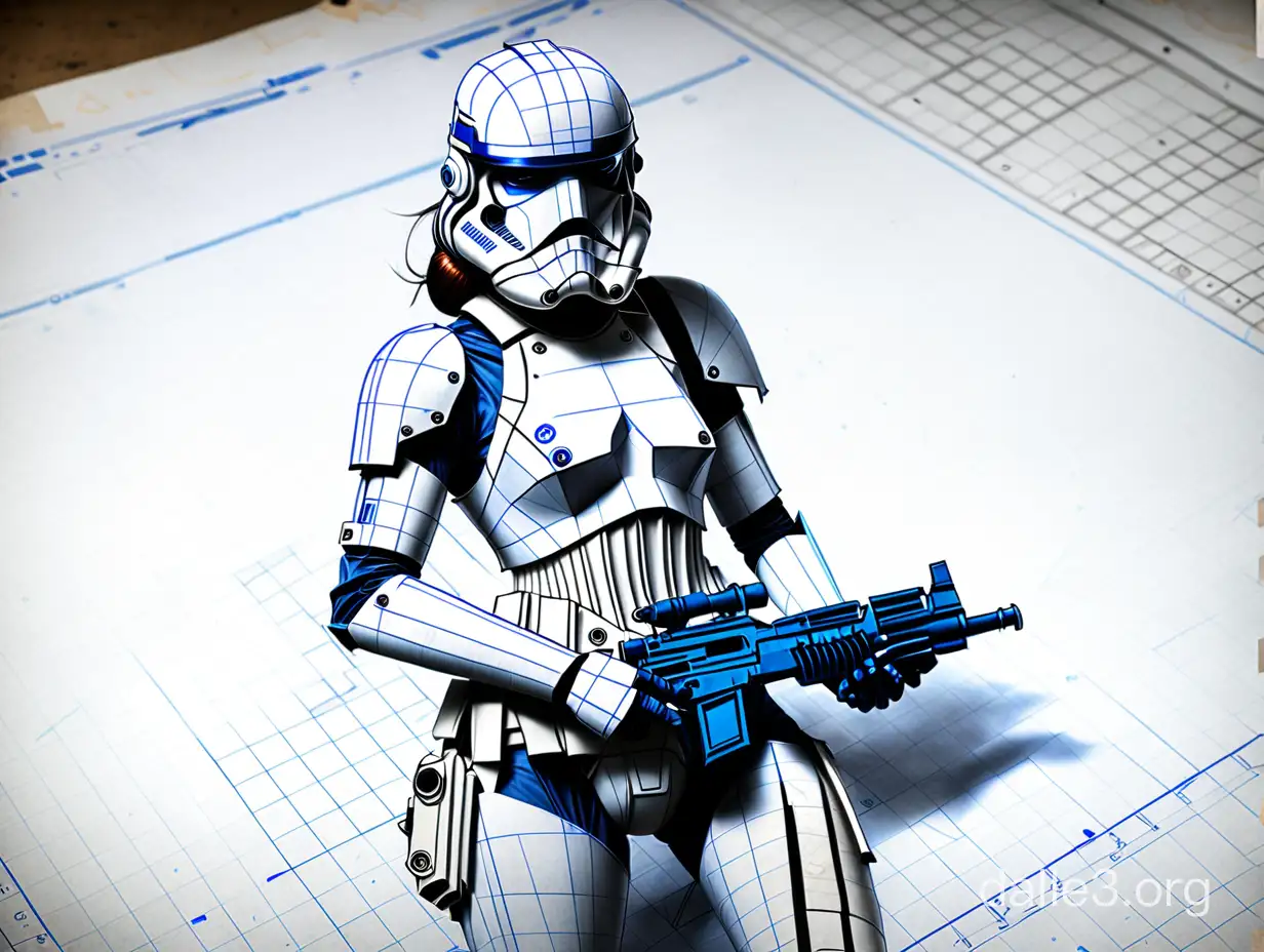 create a blueprint drawing of a female stormtrooper. with building instructions on graph paper