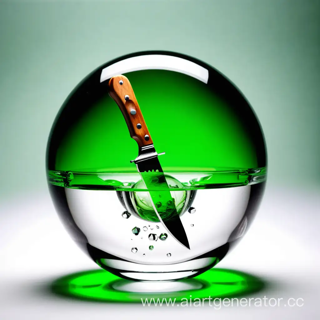 Shimmering-Green-Knife-Resting-on-a-Glass-Sphere