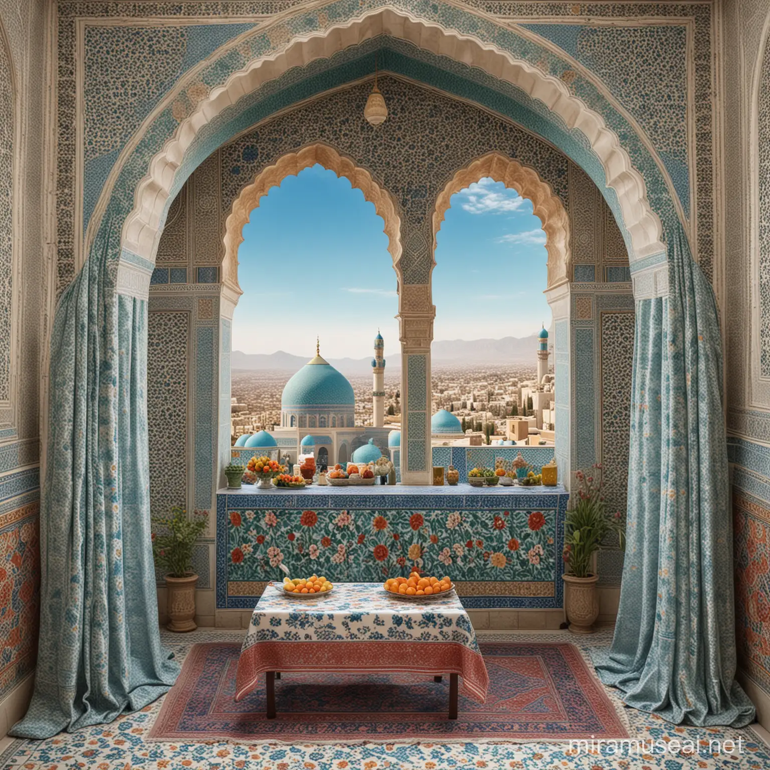 view from a white marbled Timurid arch decorated with red blue gold persian tiles design, in front is a tablecloth full of blue white porcelain utensils with many fruits grapes bananas apples, rose tulip flowers and drinks, arabian lantern on table, curtain on side, view of White blue red floral arabesque tiled islamic mosque castle having white red blue persian decoration on exterior walls, turquoise tiled dome, persian tiles with persian designs on facades, beyond a vast sea, calm cloudy sky with stars and cresent moon, front view perspective --sref https://cdn.discordapp.com/attachments/1213041174428782623/1221744135715688468/huilo_different_Fruits_a_drink_roses_flowers_View_of_huge_Islam_cac6e4c5-9b2a-44ed-8e73-2c62320e604d.png?ex=6613b0e4 --ar 3:5