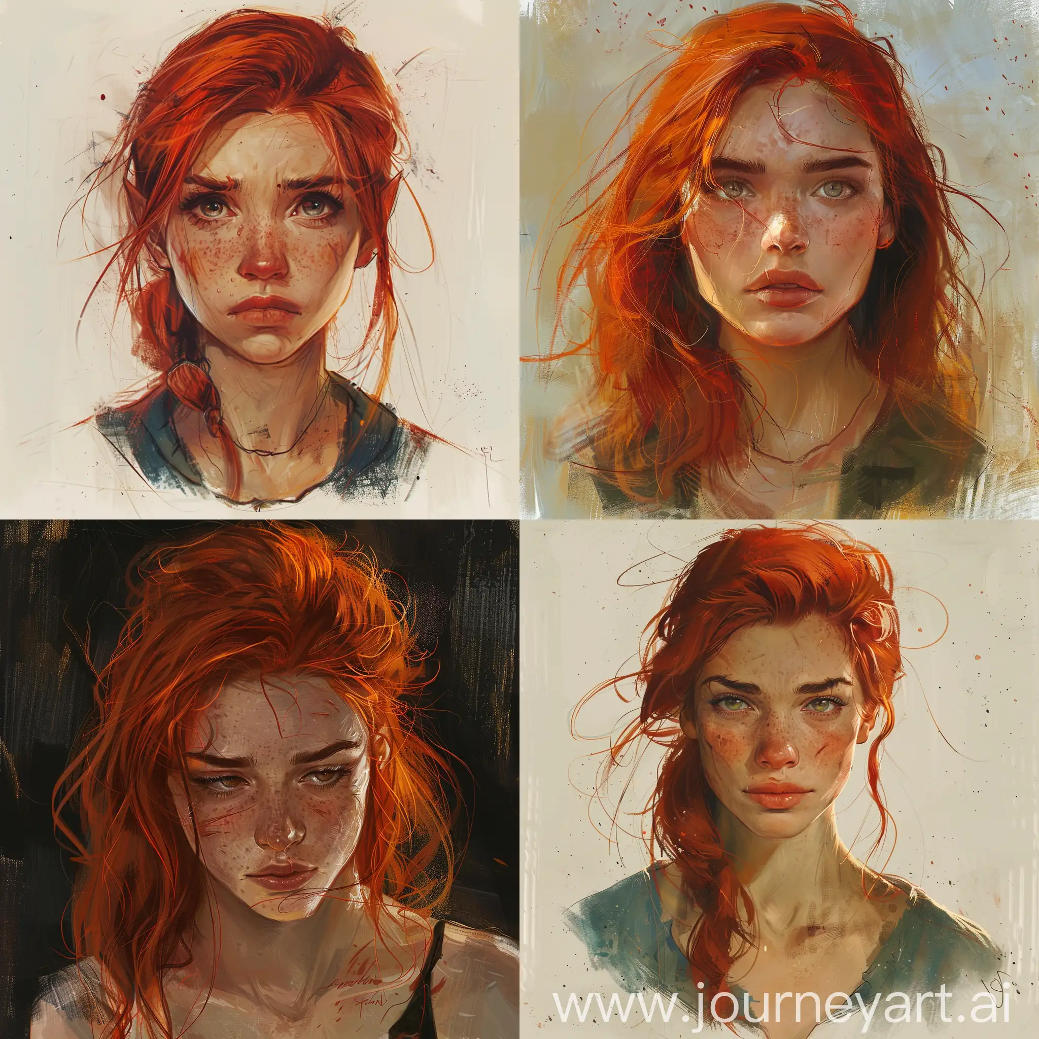 (dungeons and dragons art), (oil drawing), (complex lighting), (watercolor), (fantasy), (defined lines), (flat saturated colors), (cinematic composition), (perspective), (scketch style), (ultrarealistic), (HD) (warm colors) red hair, young, tired eyes
