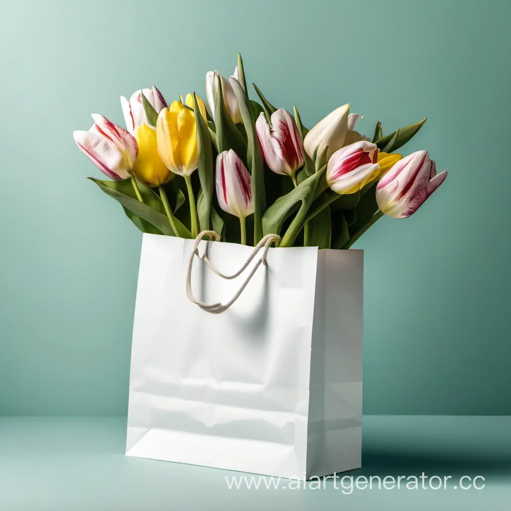белая бумажная сумка для покупок заполненная тюльпанами