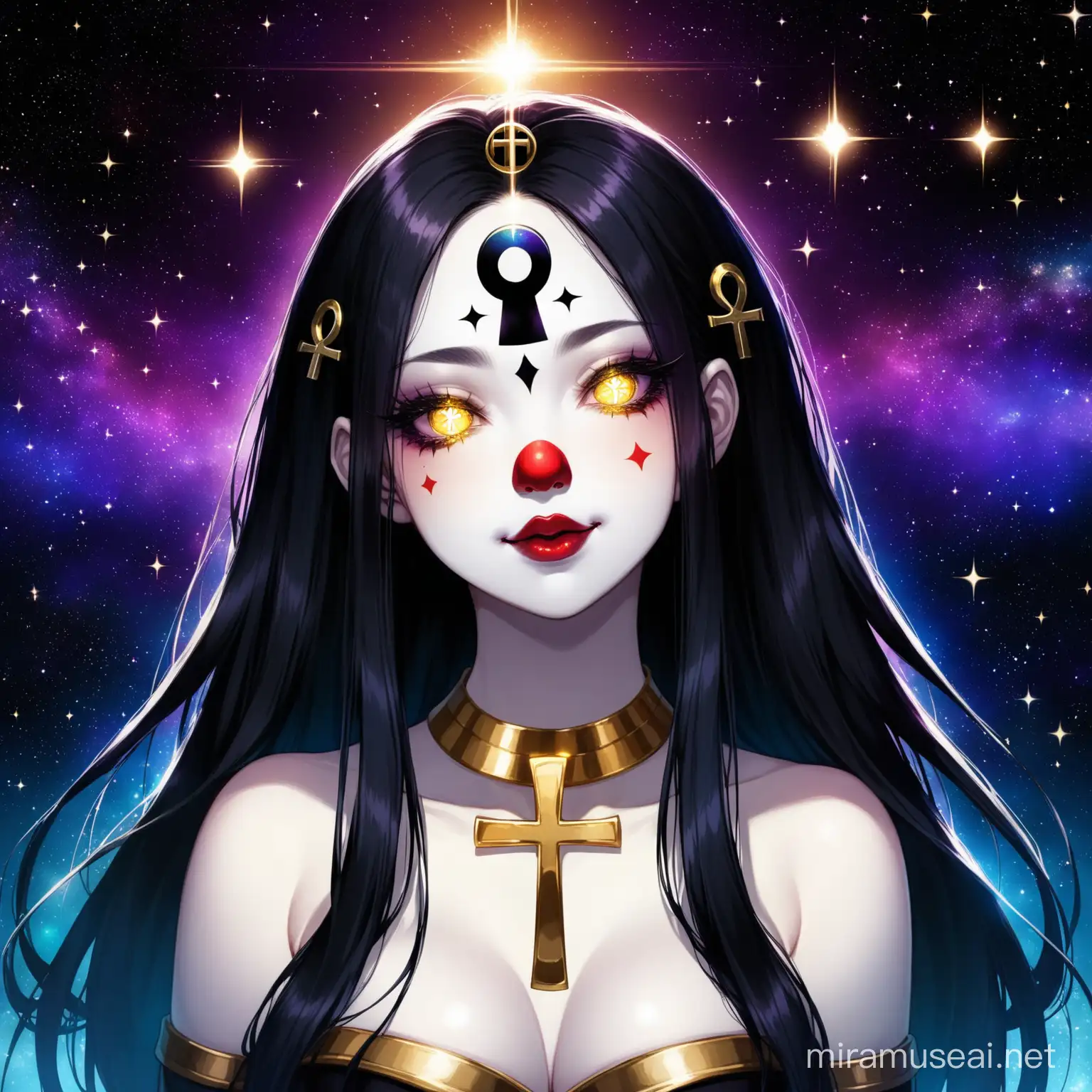 Clown-with Ankh(symbol/white/silver/gold) on forehead(third eye)
appreance- female/headshot/albino/ long hair /beautiful/black hair/jewellery/ beautiful/plump libs/ hot/stunning/
background- stars/noir twilight/space/cool