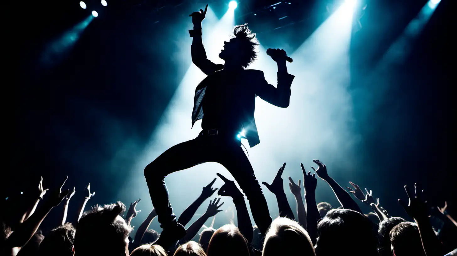 /imagine prompt: A dynamic photograph of a male singer, mid-jump with a microphone, center stage with energetic pose, amidst a dramatic rock concert. Intense stage lighting casting sharp shadows, audience in silhouette. Created Using: high shutter speed, concert photography, vivid stage lighting, motion blur effect, crowd enthusiasm captured, hd quality, natural look --ar 3:2 --v 6.0