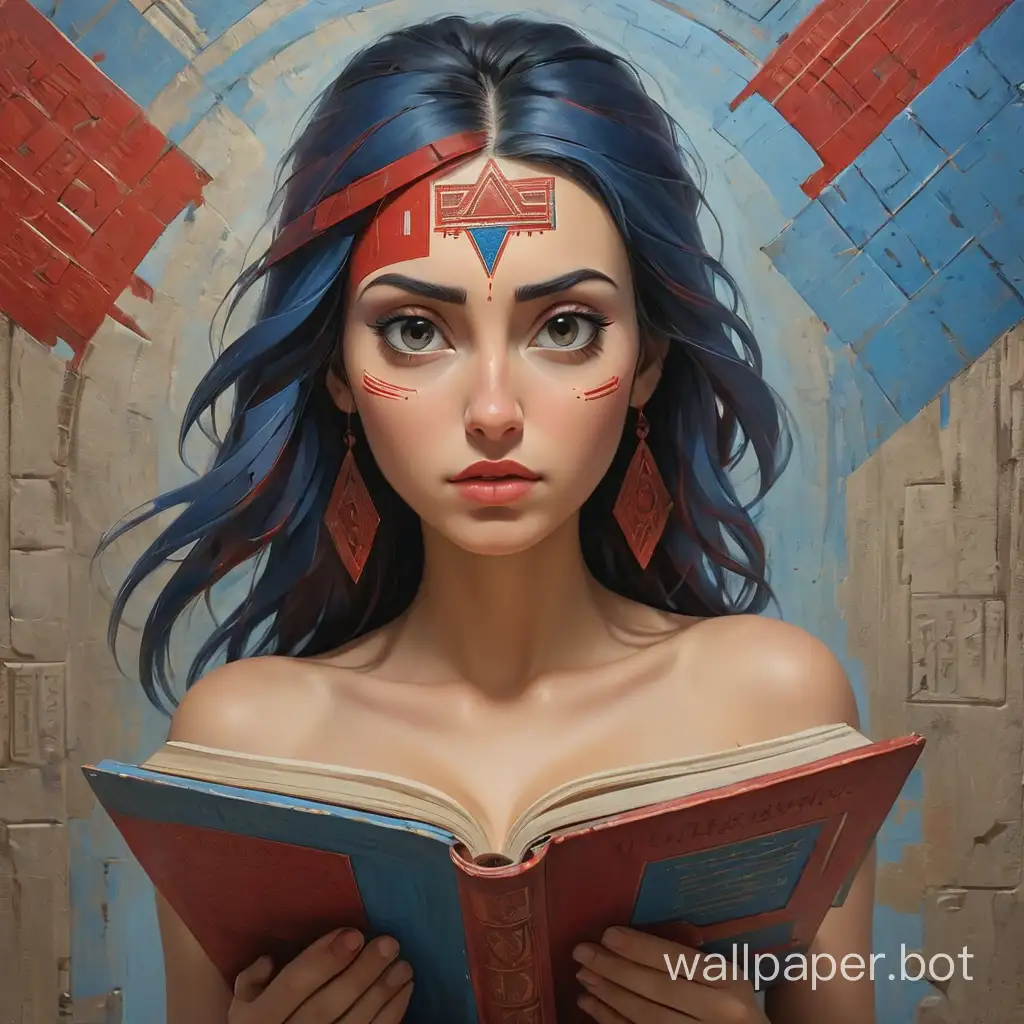 A woman nakedly painted half in red half in blue deprived of a head instead of a head an open book with mysterious signs reminiscent of Assyrian cuneiform Futurism