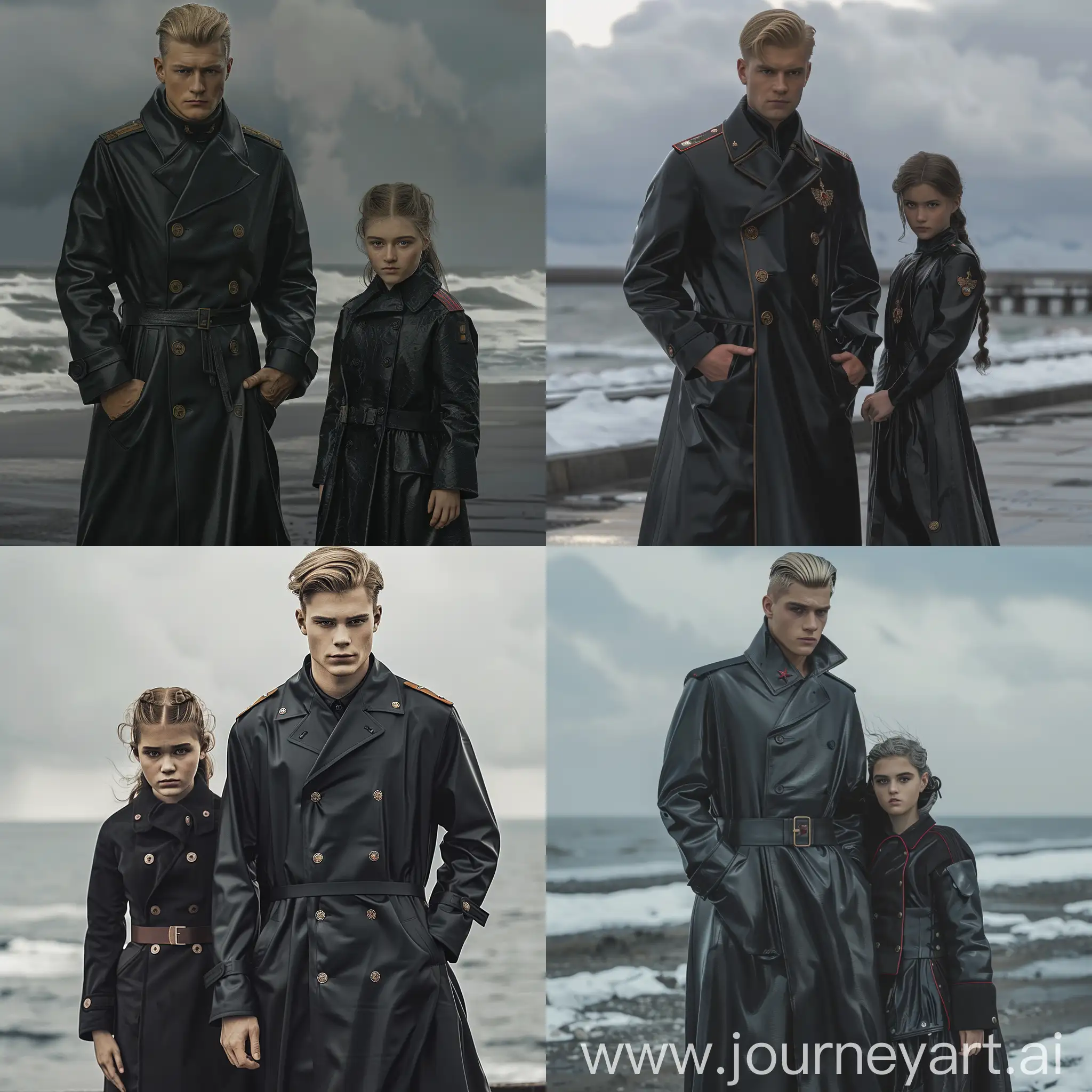 A man in a long black Soviet raincoat is standing, blond hair is combed back, hands in pockets, a girl is standing next to him, USSR military uniform, dark hair, beautiful appearance, shorter than a man, hyper-realism, 8K image quality, ultra detail, winter, sea, gloomy atmosphere, people looking at the camera 