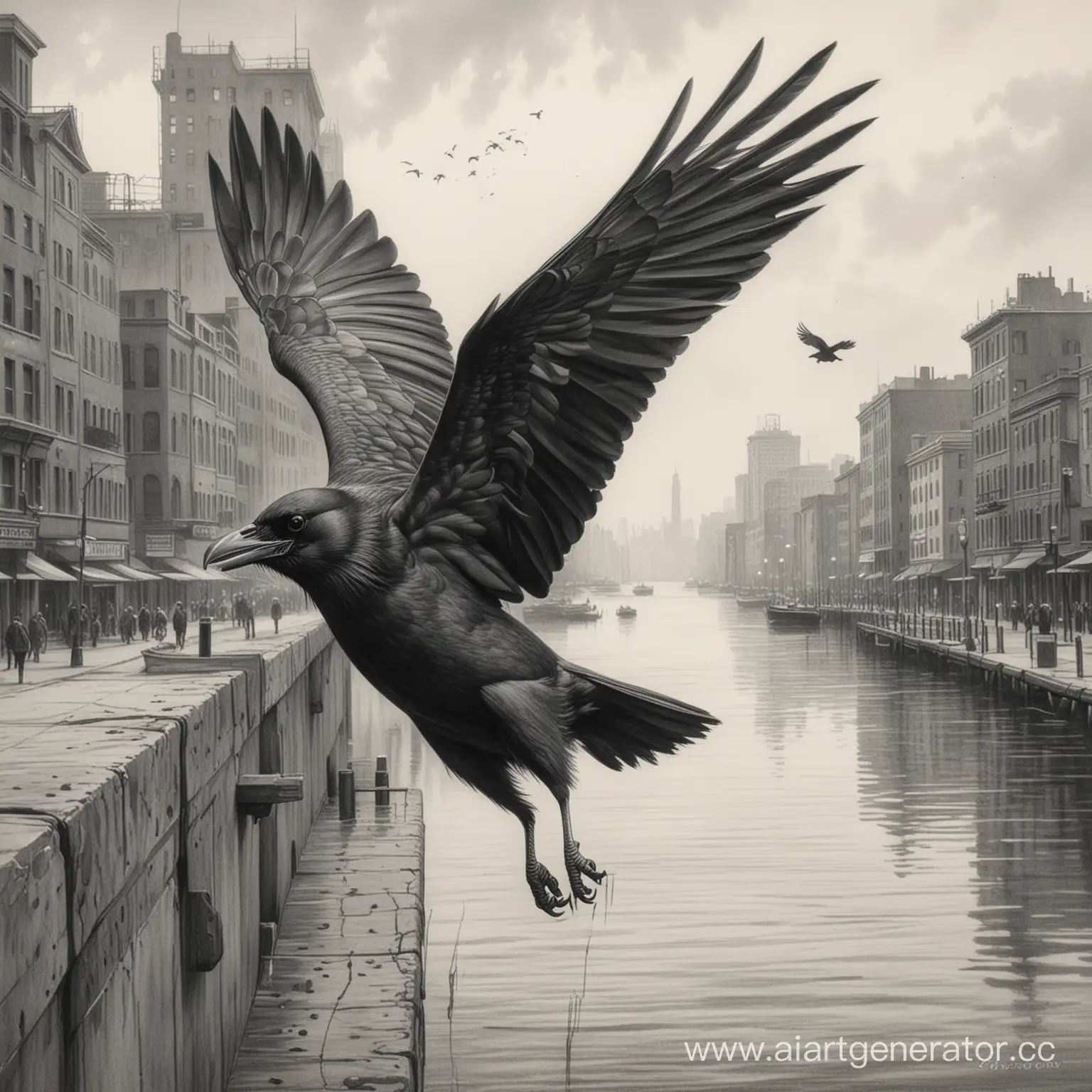 Urban-Waterfront-Crow-Taking-Flight-Pencil-Drawing