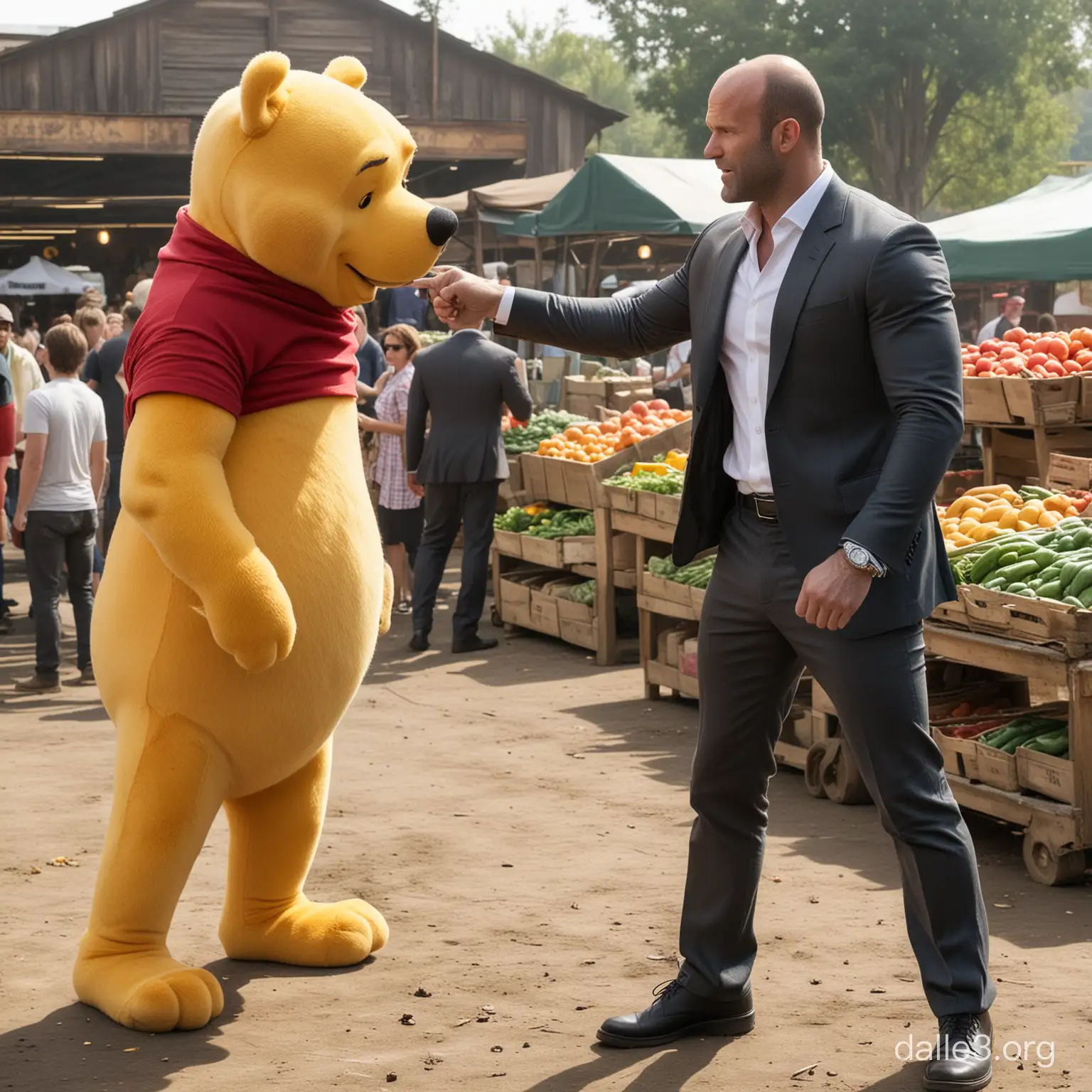 Jason Statham fights Winnie the Pooh at the vegetable market