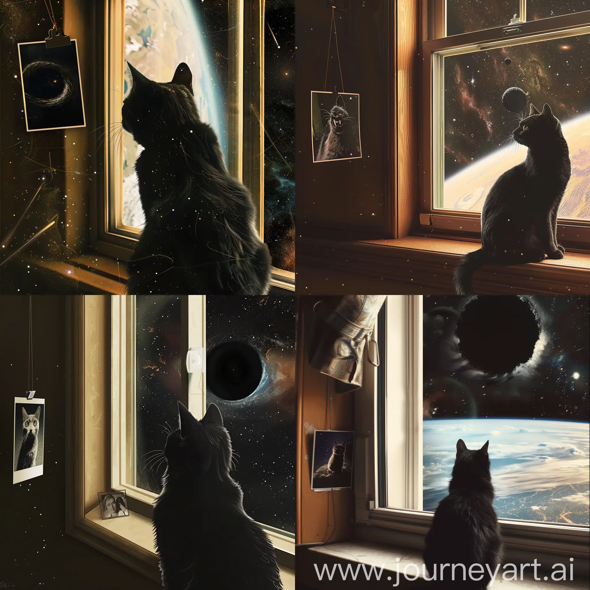 черный кот, смотрит в окно, в космосе, за окном черная дыра, у окна висит фотография кошки