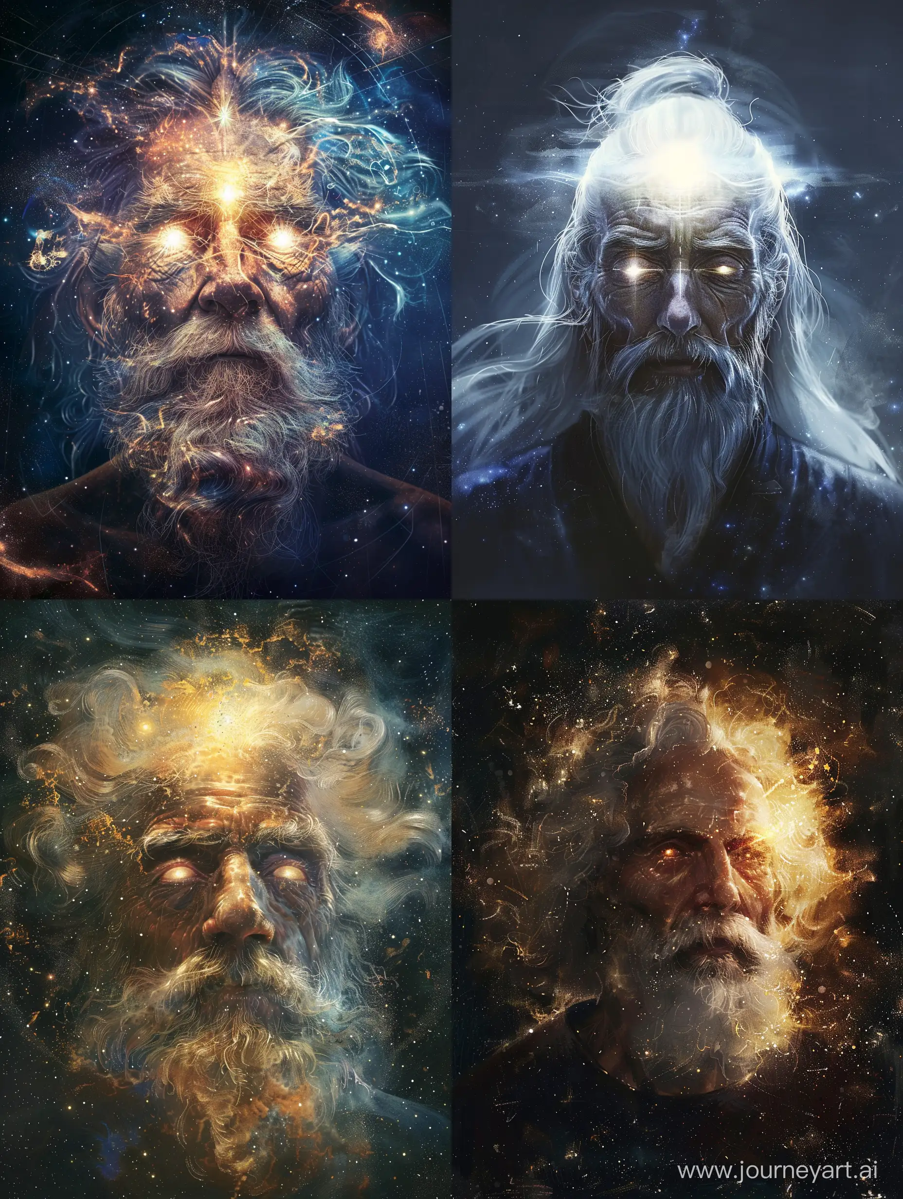 Creator  "The creator, represented as a grey-haired sage, glowing with a mysterious light, gazing at the universe from the infinity of his eyes."