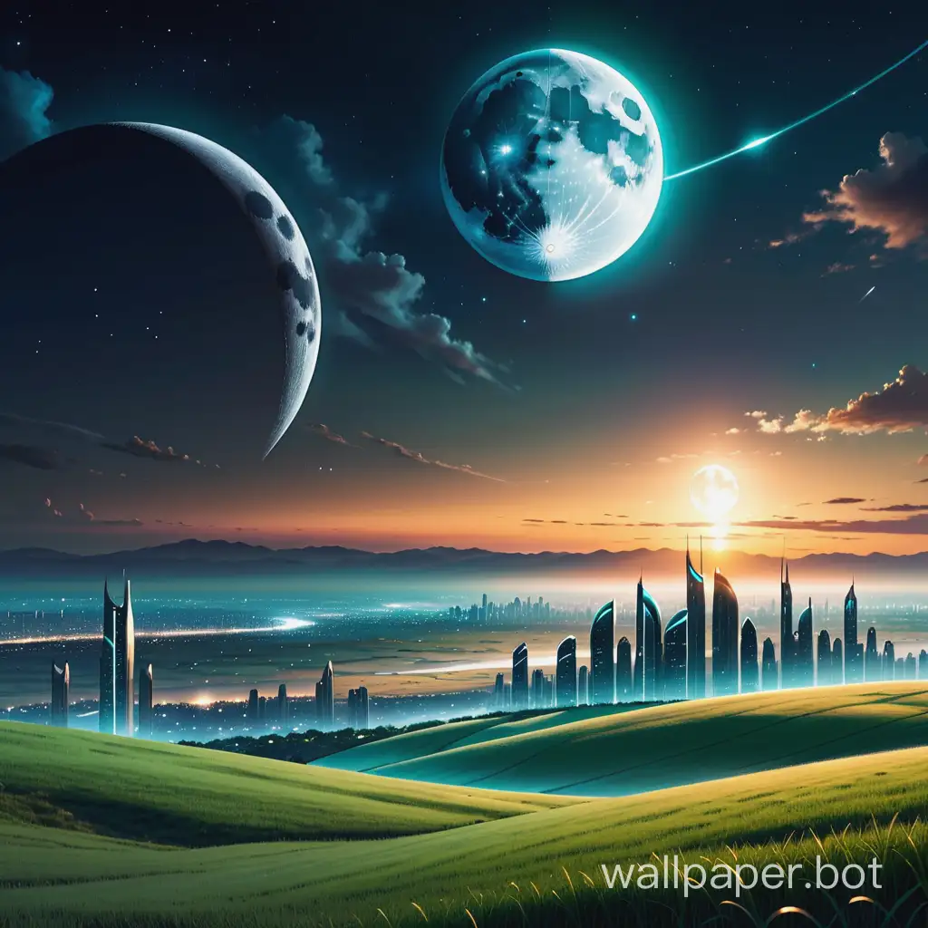 Sun and Moon visibleble in the sky opposite to each other,vast open grassland,futuristic city in the distance,night ambient