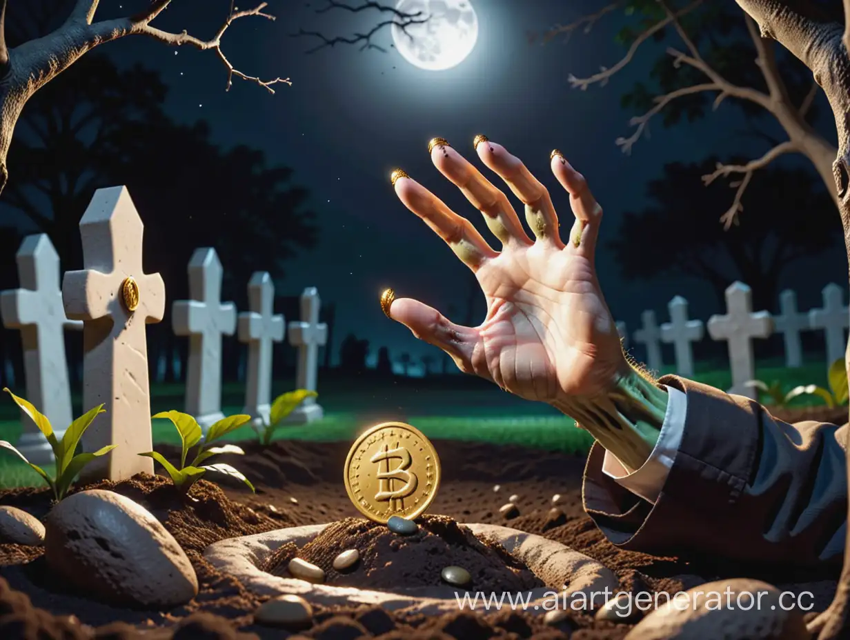 Eerie-Zombie-Hand-Emerges-from-Grave-Clutching-a-Golden-Coin-at-Night