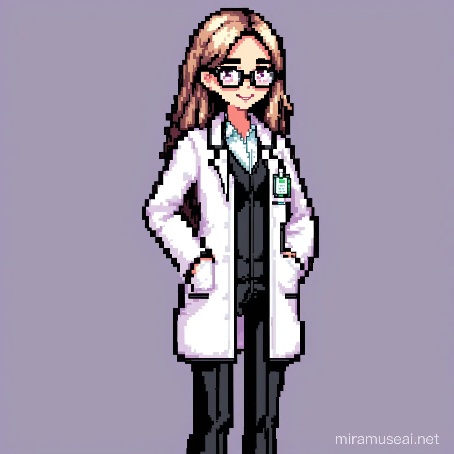 pixel art of a female scientist she stands tall with a slender frame, she wears a white lab coat with black suit pants and shoes and reading glasses hang from her breast pocket, her hair is white to shoulder length with layering textures, a few strands of hair wisp across her face, he skin is fairly light and her lips are a sweet pink showing off a smug smile her eyes are hazel brown with light bags she seems tired