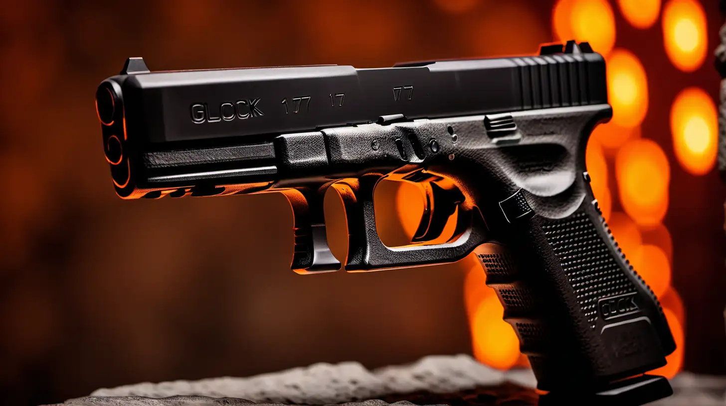 glock 17 on dark stone, blurry orange light background