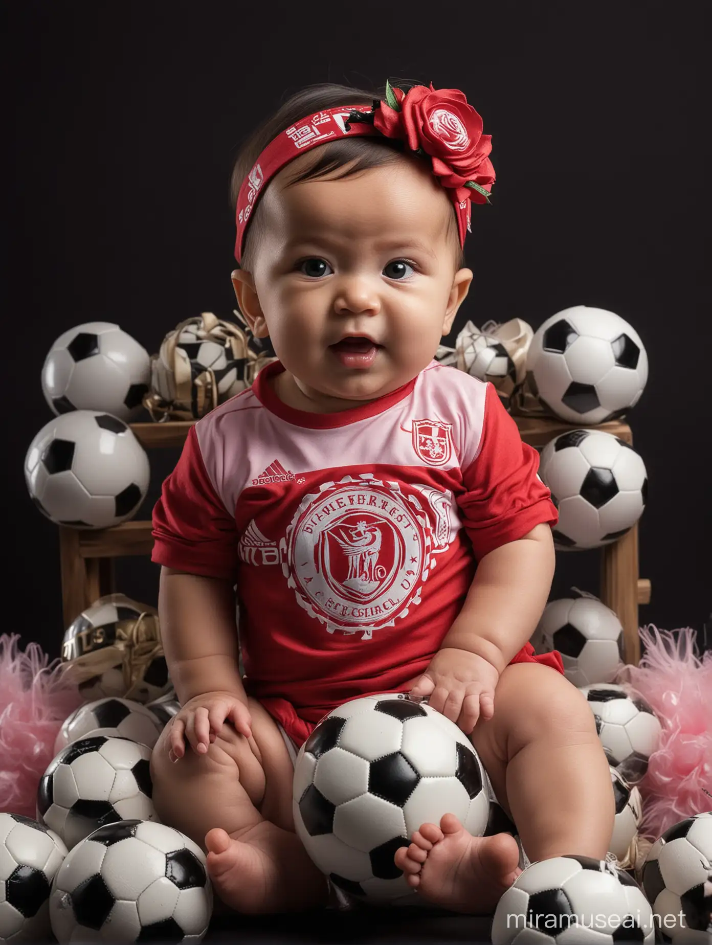 The image is a photoshoot of chubby newborn baby girl, including a collection of soccer-themed items, wearing PSM Makassar branded clothing and rose headband , surrounded by soccer balls, mini goal and other merchandise. PSM Makassar is a professional soccer club based in Makassar, Indonesia, that competes in the Liga 1. The image seems to show the baby’s support for the team. Red Color, black backdrop background, studio photo. underexposure