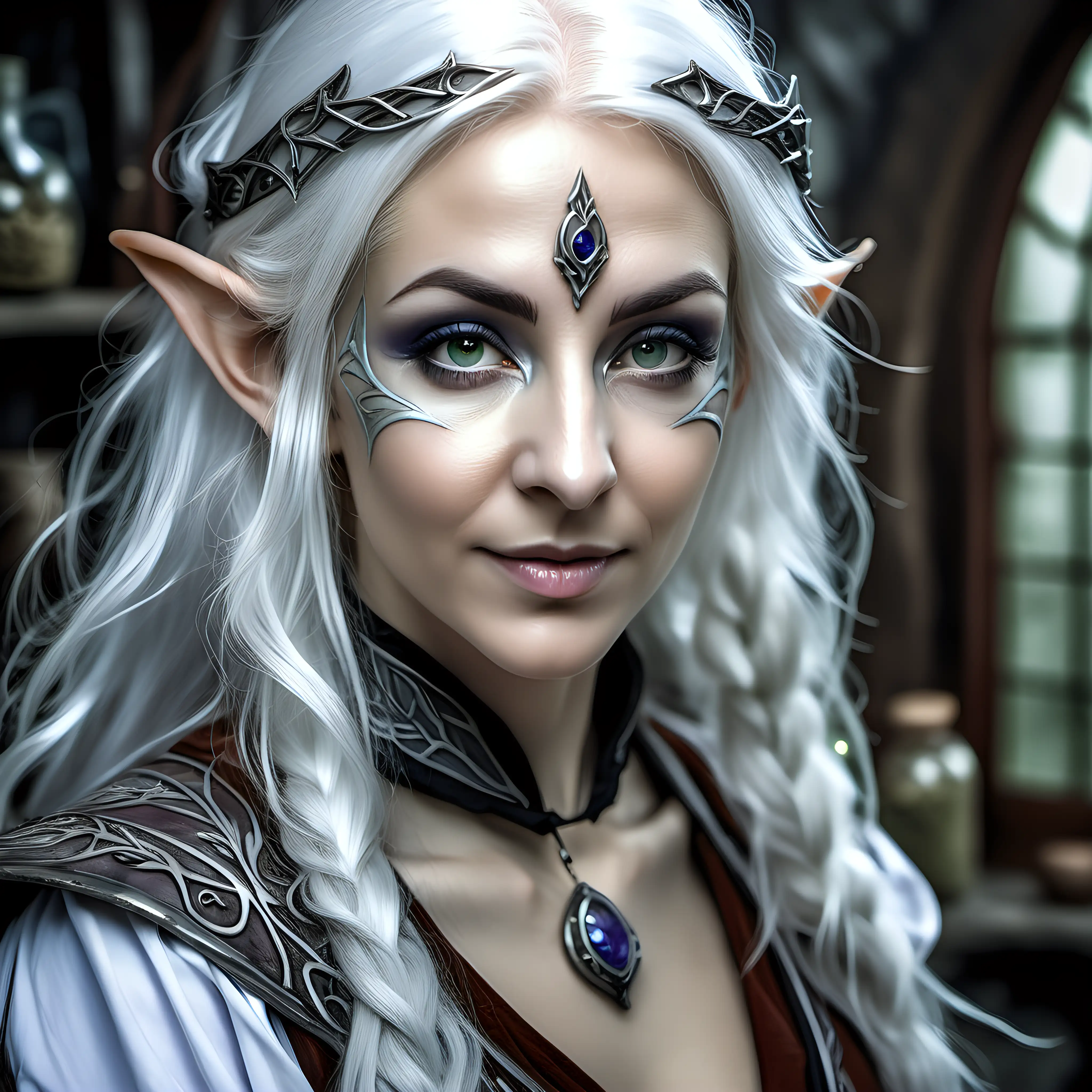 pretty elven sorceress, age 35 years, hyper detailed photography, face portrait, white hair, shy smile, apothecary background