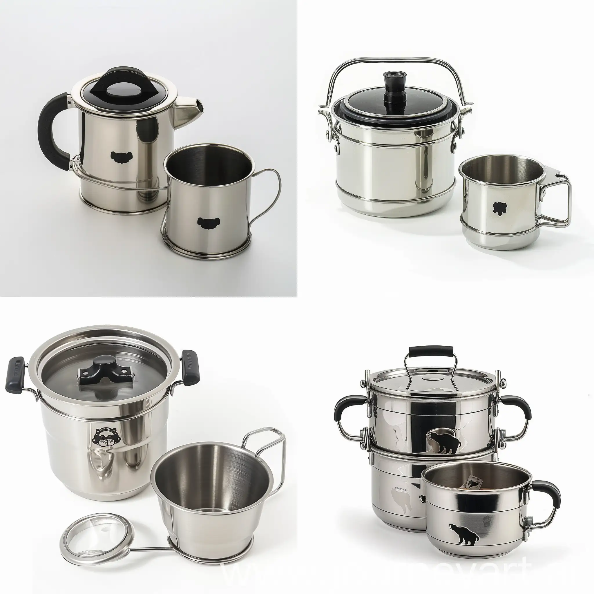 Stainless steel single-person tea set, comprising one pot and one cup, both crafted from stainless steel. The handles of the pot and cup are reminiscent of camping-style handles, foldable for compact storage. The body of the pot retains its natural stainless steel color, while the lid is made of black PP plastic material, featuring the imagery of a Formosan black bear. The overall style exudes high-end sophistication and fashion.