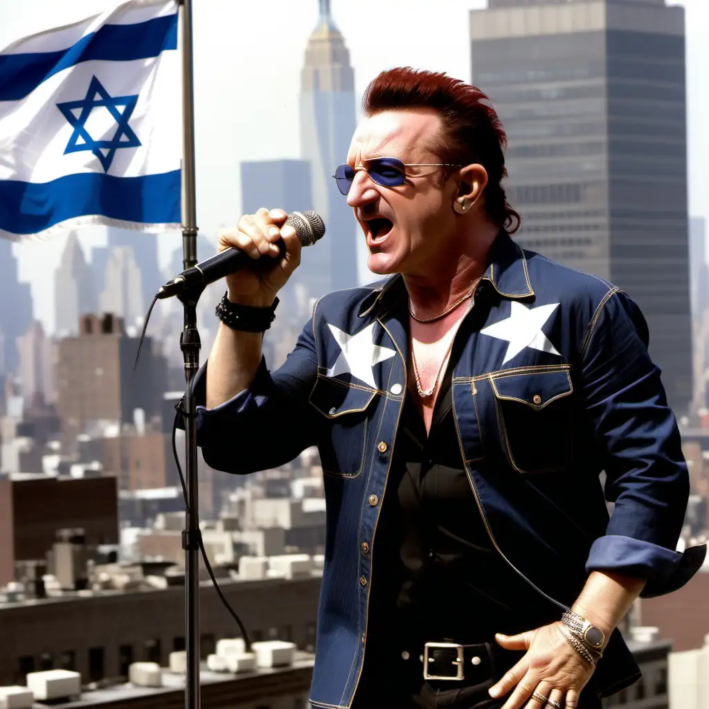 תמונה של בונו הסולן של להקת u2  כשהוא שר עם הלהקה  על גגות מנהטן שילבש חולצה עם דגל ישראל על החולצה