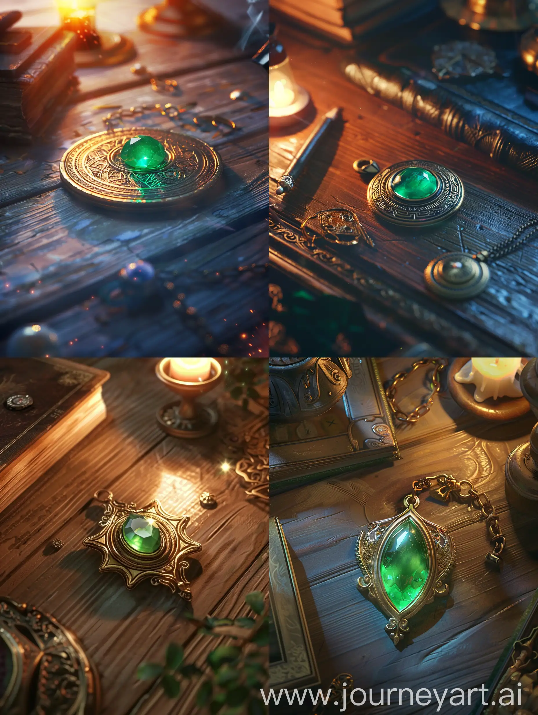 a magical amulet with a green stone in the middle lying on the table, anime style.
