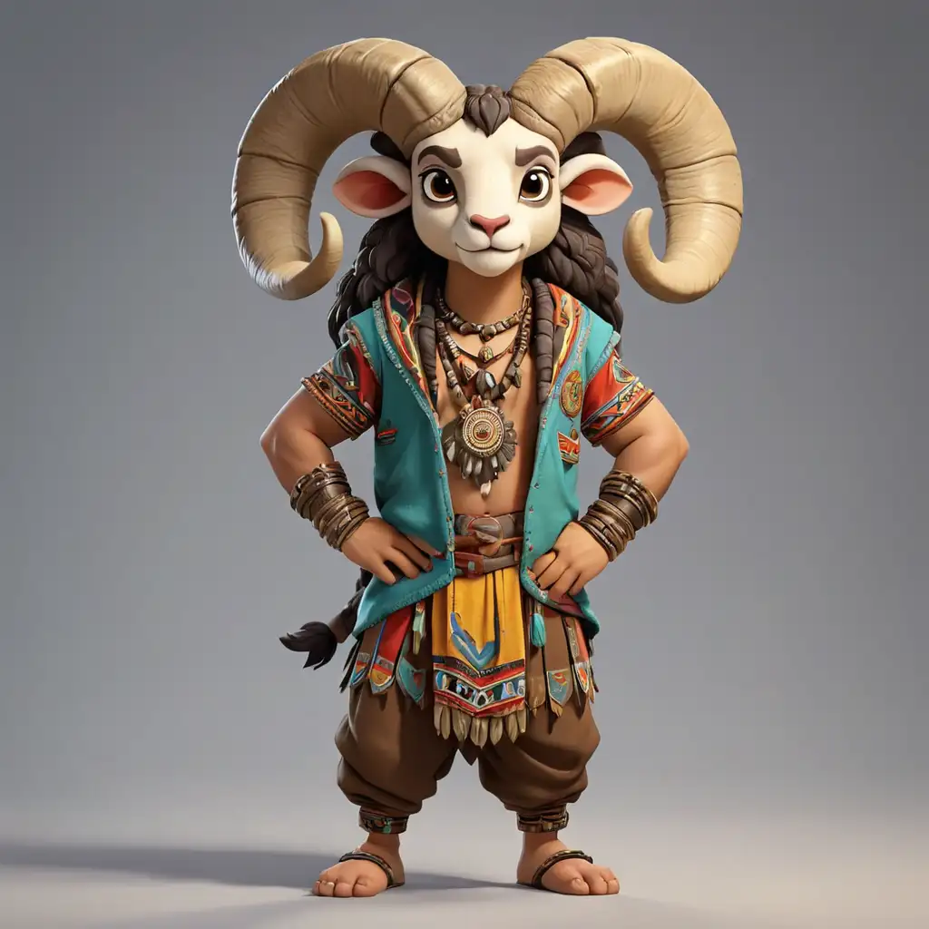 a Ram in cartoon style in full body with tribal clothes with clear background
