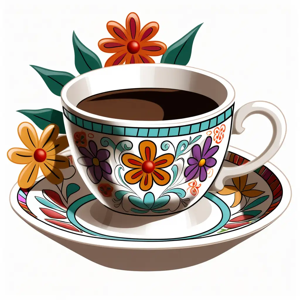 a drawing of a mexican coffee cup and saucer with floral designs and a transparent background
