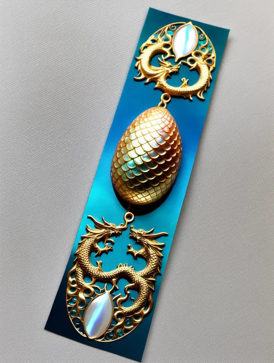 2x6" bookmark of Dragon egg, Gorgeous, intricate, Realistic, Mothe of pearl, blue, gold, teal
