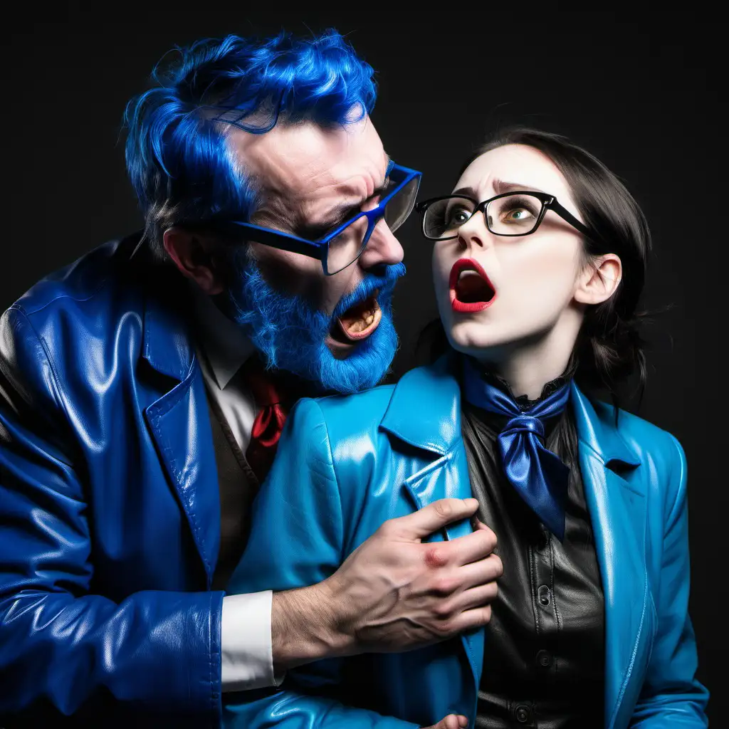 man with blue beard strangling choking a brunette in glasses, blue leather coat and necktie