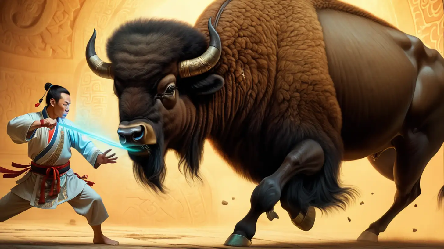 a martial artist is fighting a bison with glowing horns, ancient china, no weapons