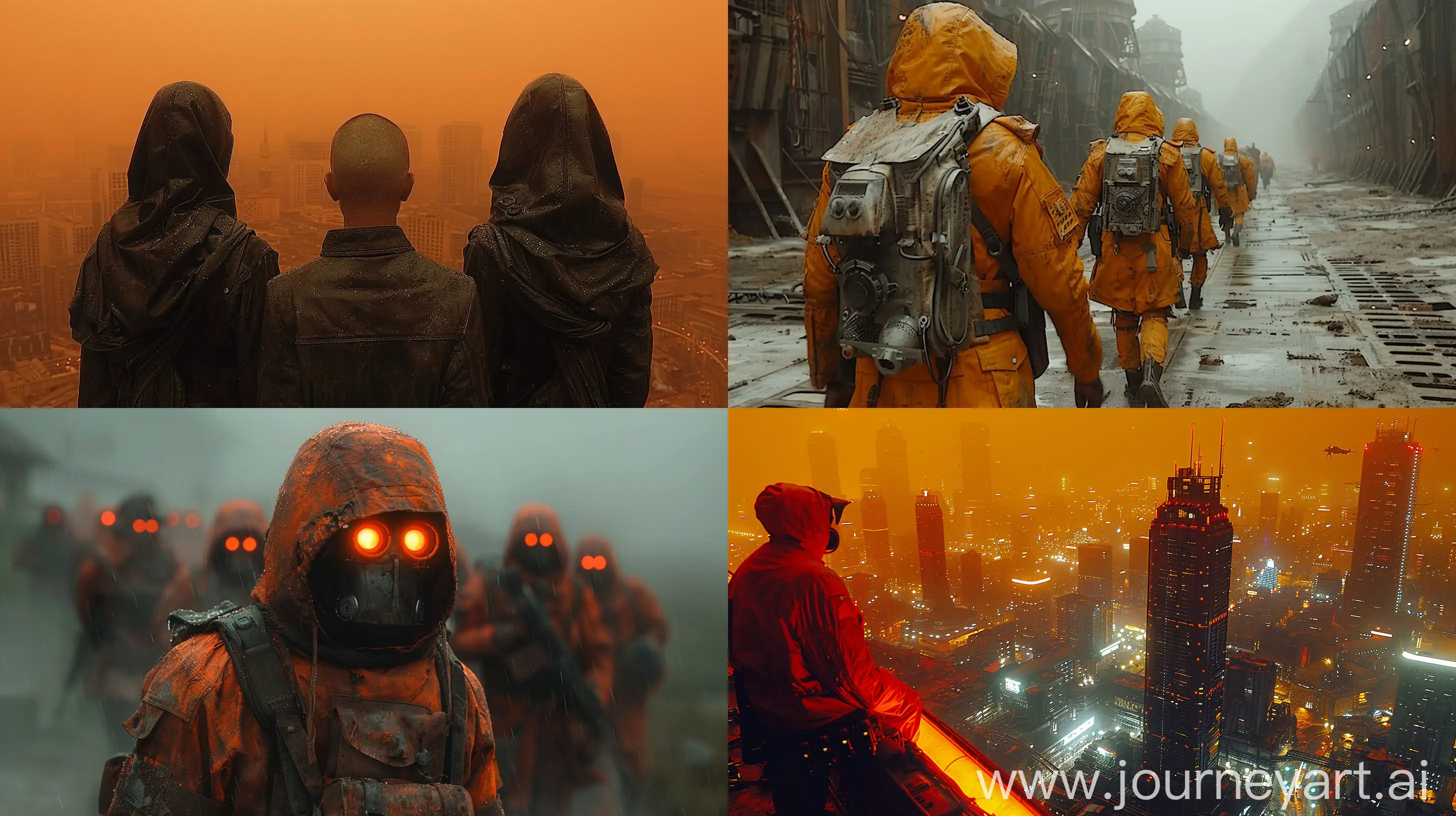 Science Fiction movie screencap, orange color, dieselpunk city, readhead men with their back to the observer, night --ar 16:9 --c 50 --s 1000 --v 6.0