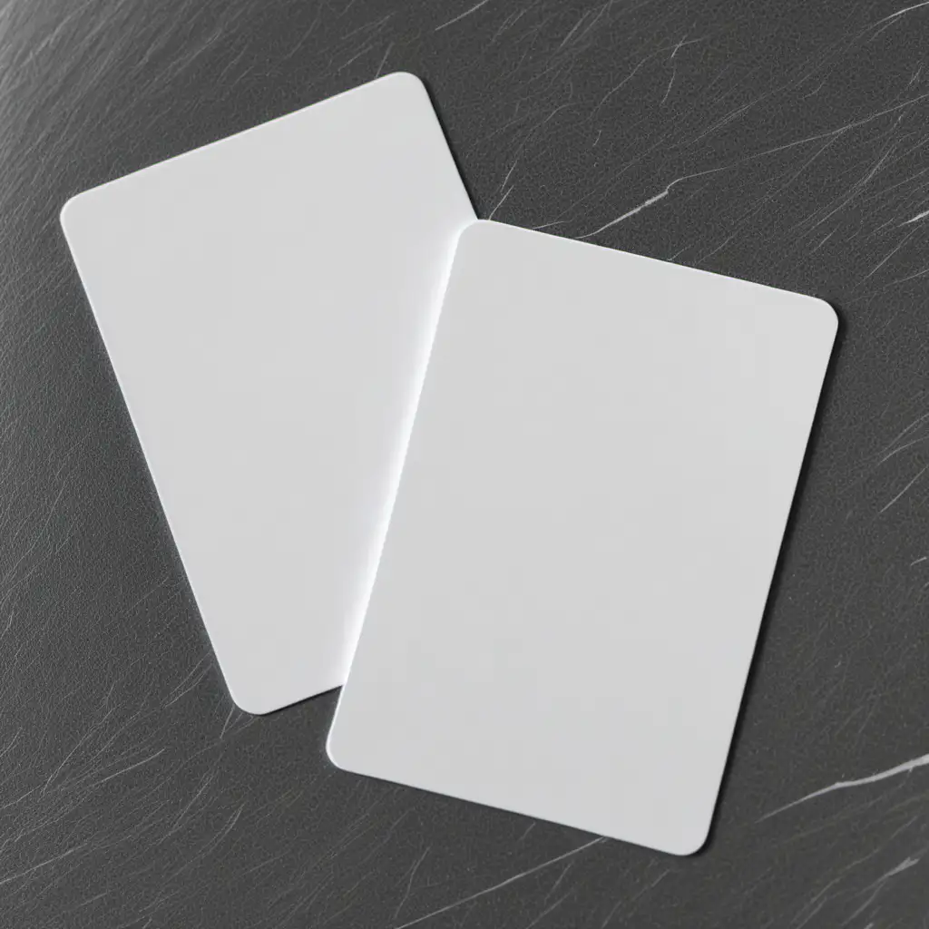 two blank white plastic card laying flat in vertical orientation on a convenience store counter top