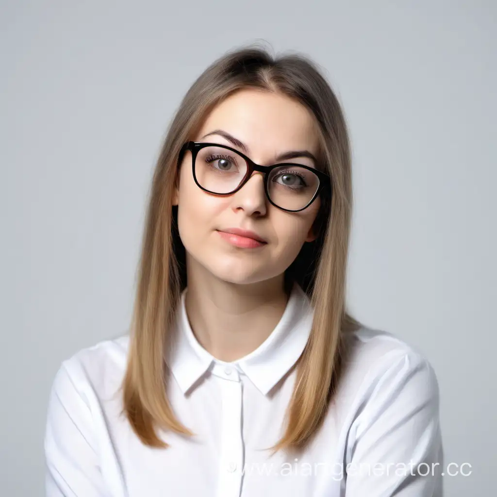 молодая умная девушка 33 года в очках
 на белом фоне