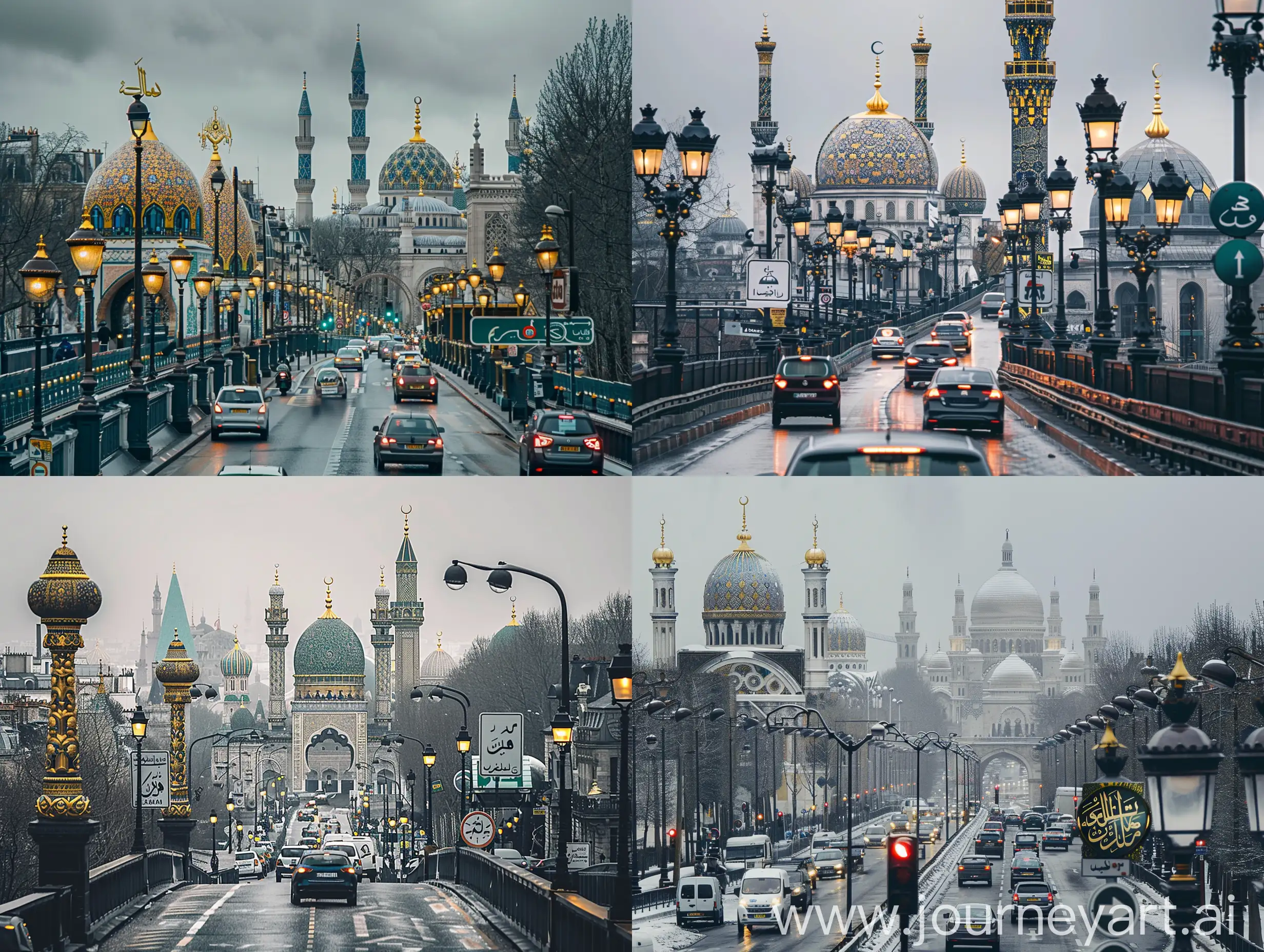 A road of Paris with traffic, full of Islamic architectures having persian tile and golden ornaments, arabian design street lights, porcelain traffic signs and porcelain direction signs, beautiful mosques and islamic buildings, grey weather --ar 4:3