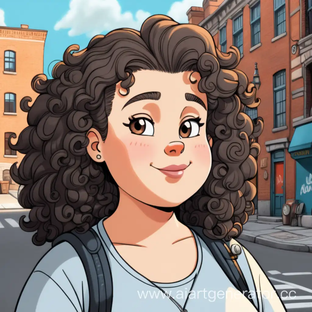 white chubby girl with curly dark hair, picture style Hey Arnold, street background