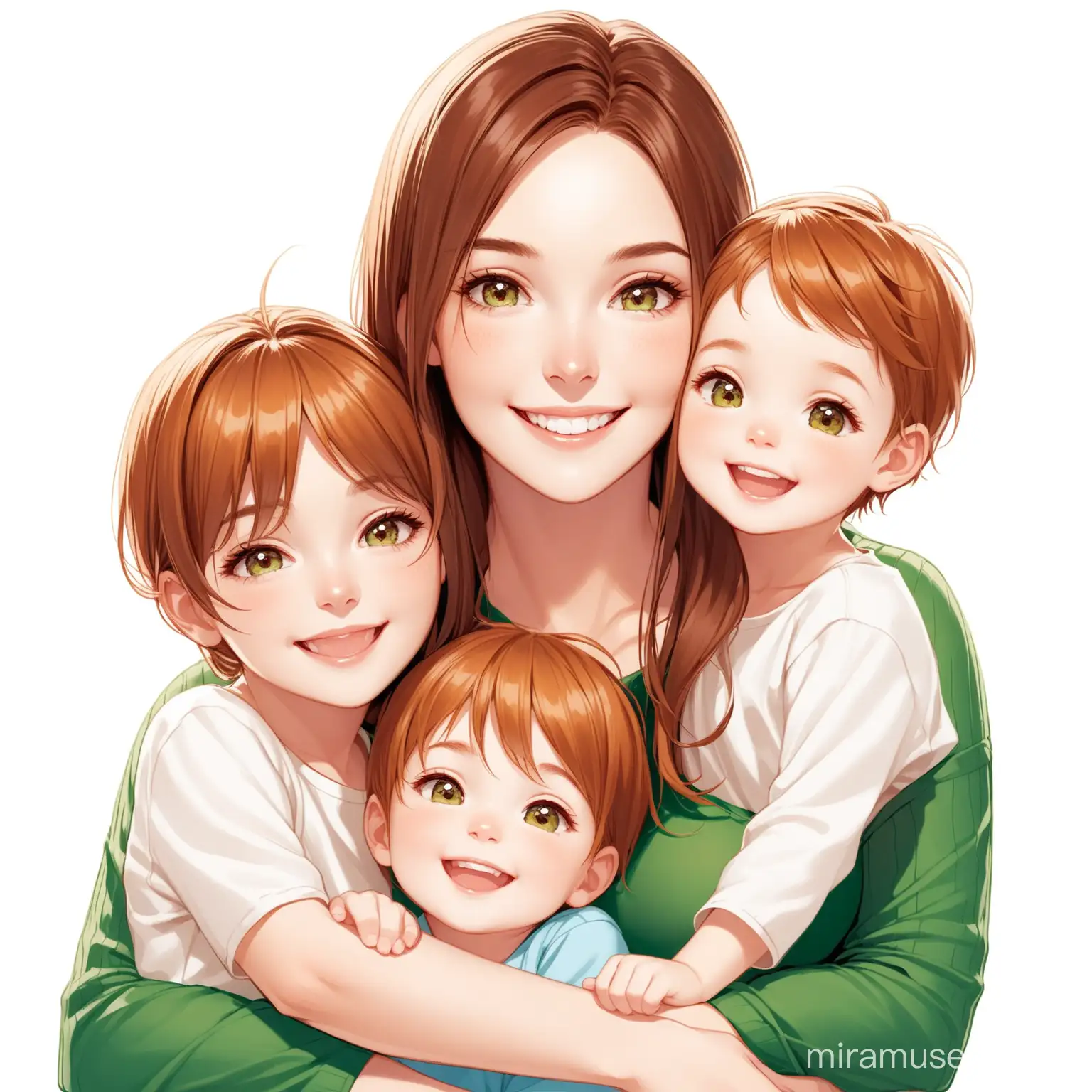 Fiona and her children happy and smiling on a white background