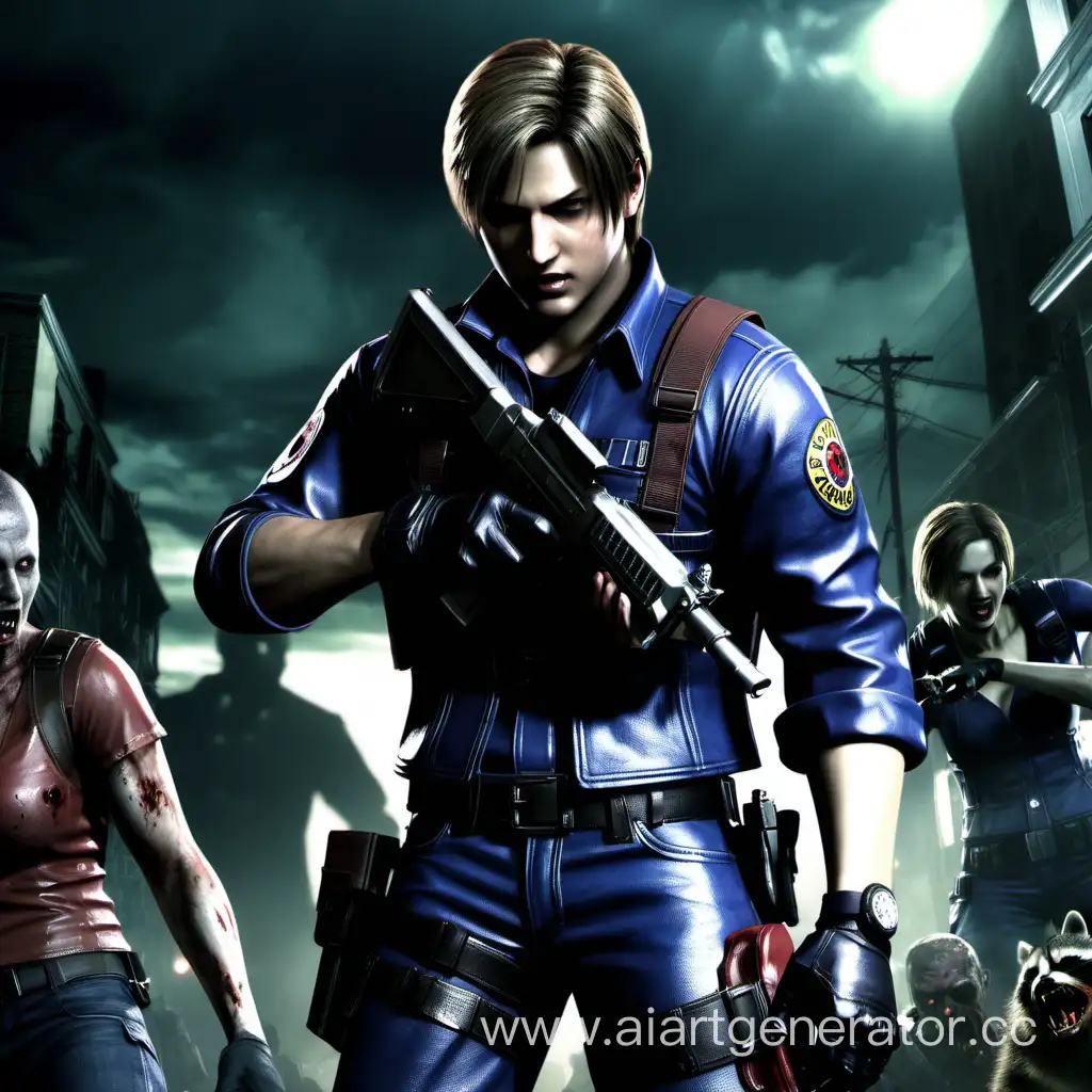 Resident evil,
Leon Kennedy is fighting zombies,
Raccoon City,