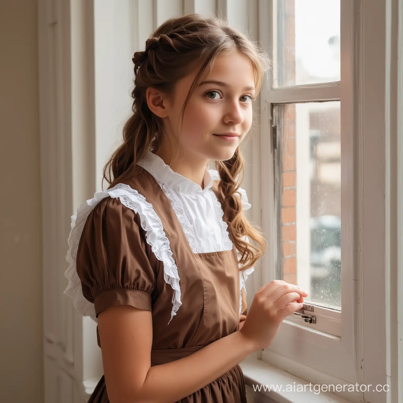 Schoolgirl-in-Brown-Dress-and-White-Apron-Looking-Out-of-Window