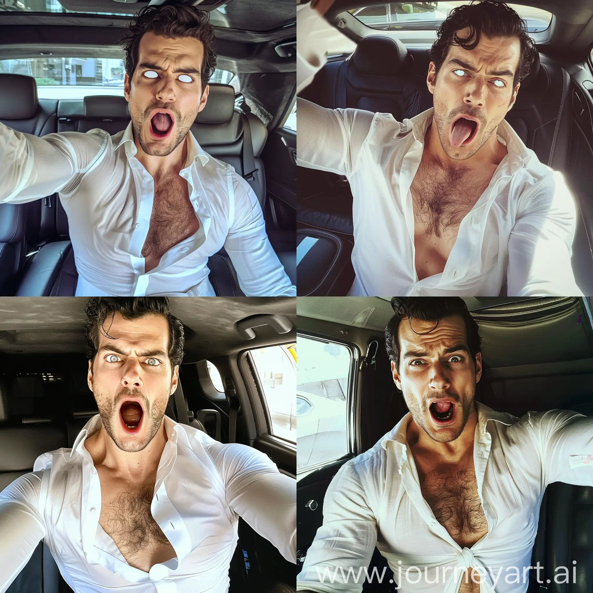Henry Cavill taking a selfie inside a car, selfie photo angle, good looking Henry Cavill wearing an open white dress shirt, hairy chest, with a blank face and white blank eyes, yawning mouth agape, face, with his tongue out drooling, drool