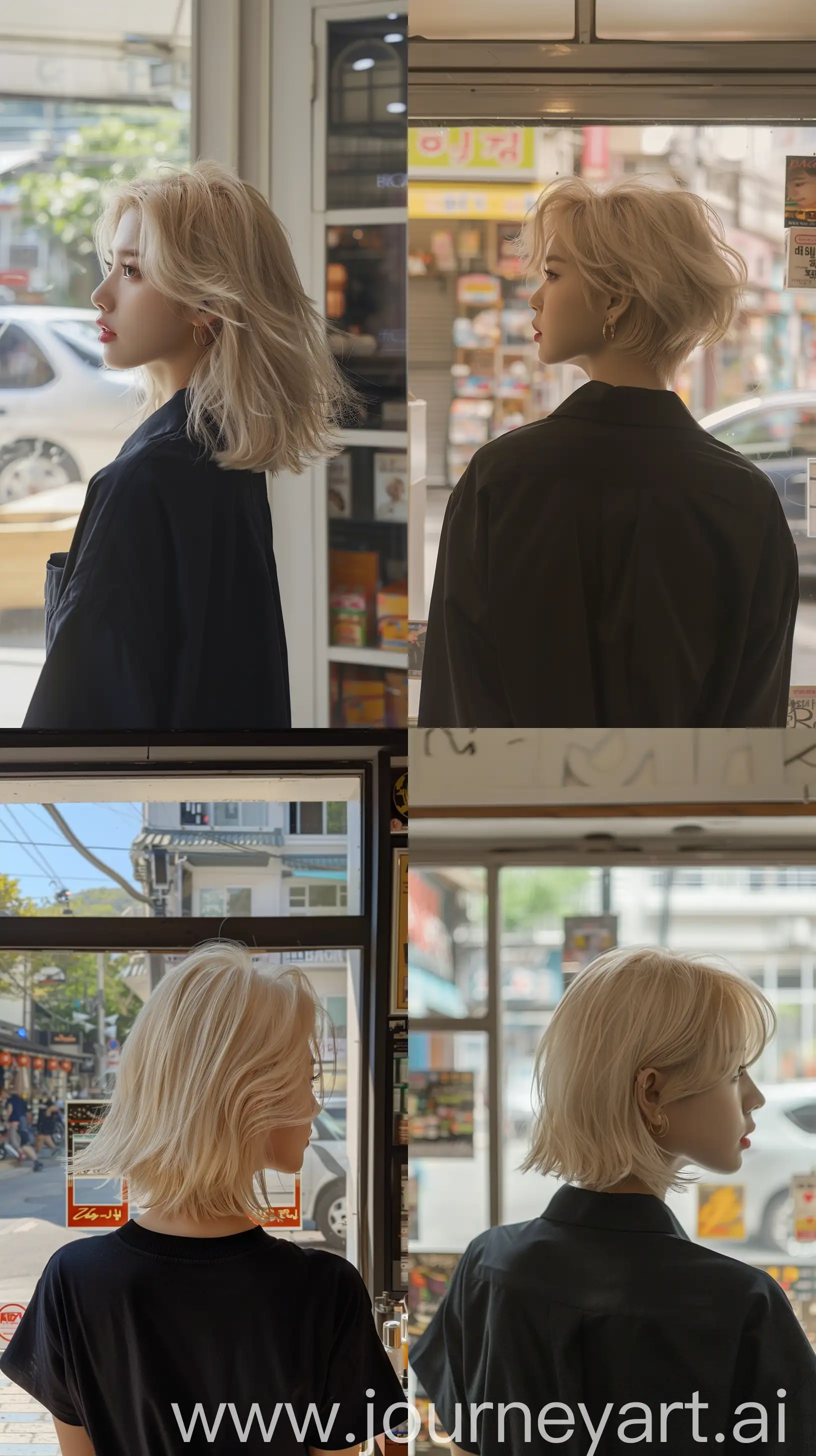 a blackpink's jennie, blonde wolfcut hair, standing front of shop window, wearing black shirt, back body pov, no face --ar 9:16 --stylize 250