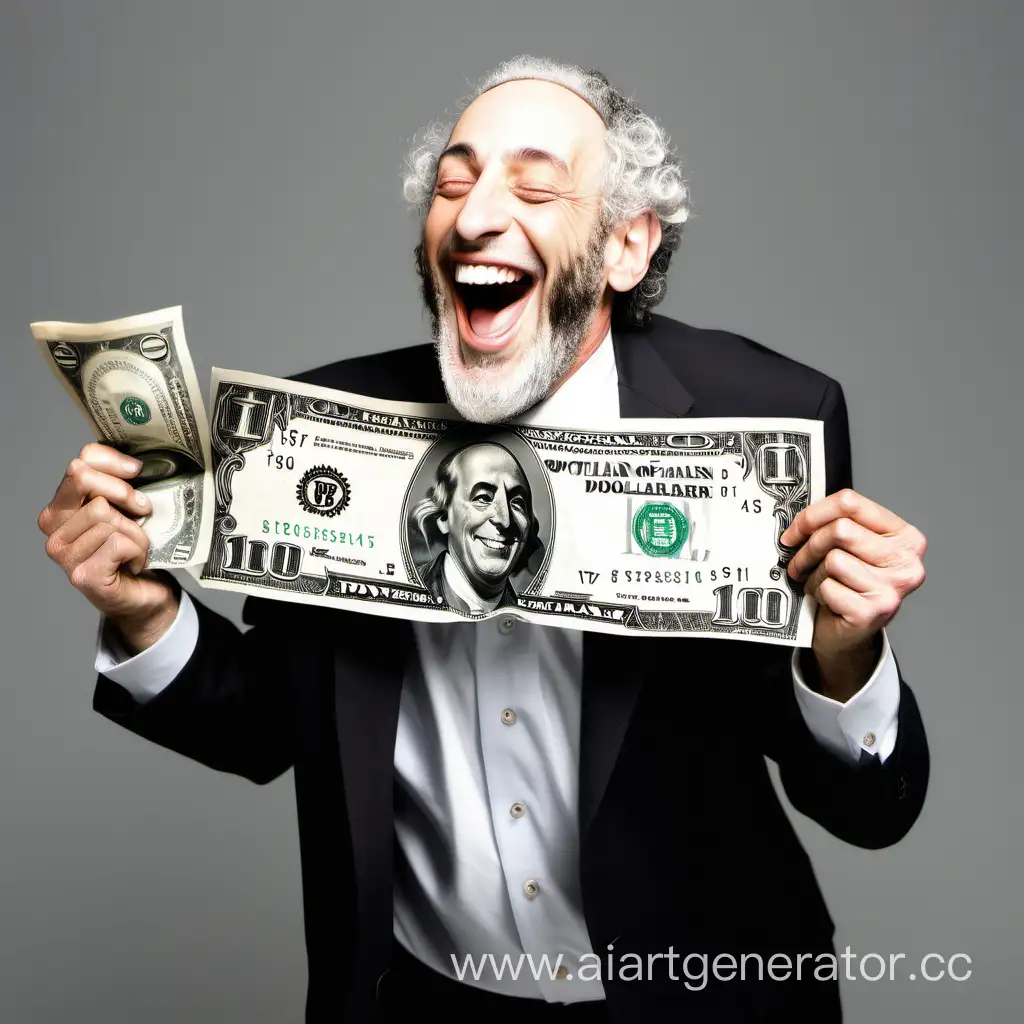 Jewish man laughing and dancing with a life size dollar bill