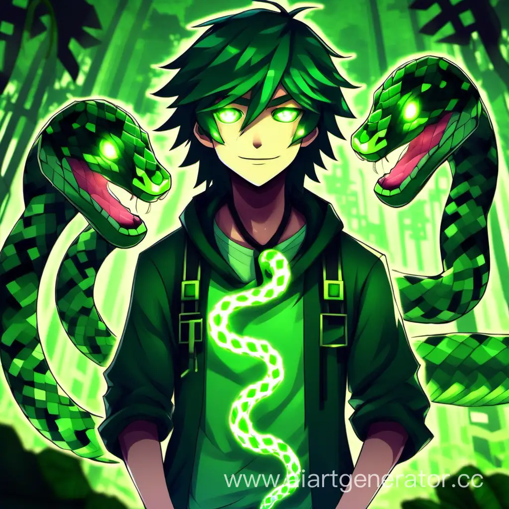 Anime-style character, teenager, guy, dark green hair, snake-like glowing eyes, green snake around the neck, Minecraft jungle background, 4k