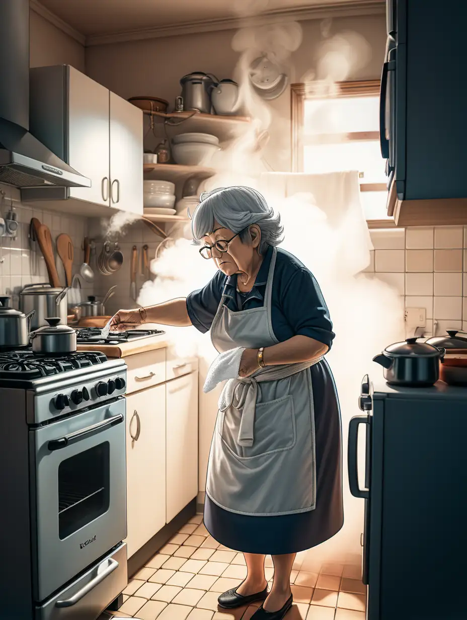 Warm Anime Scene Chubby Elderly Woman in Futuristic Kitchen