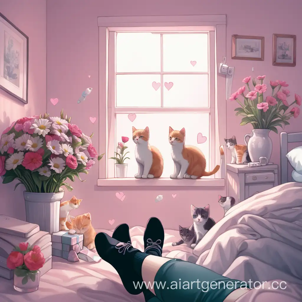 Cozy-Room-with-Floral-Dcor-and-Playful-Kittens-in-Socks