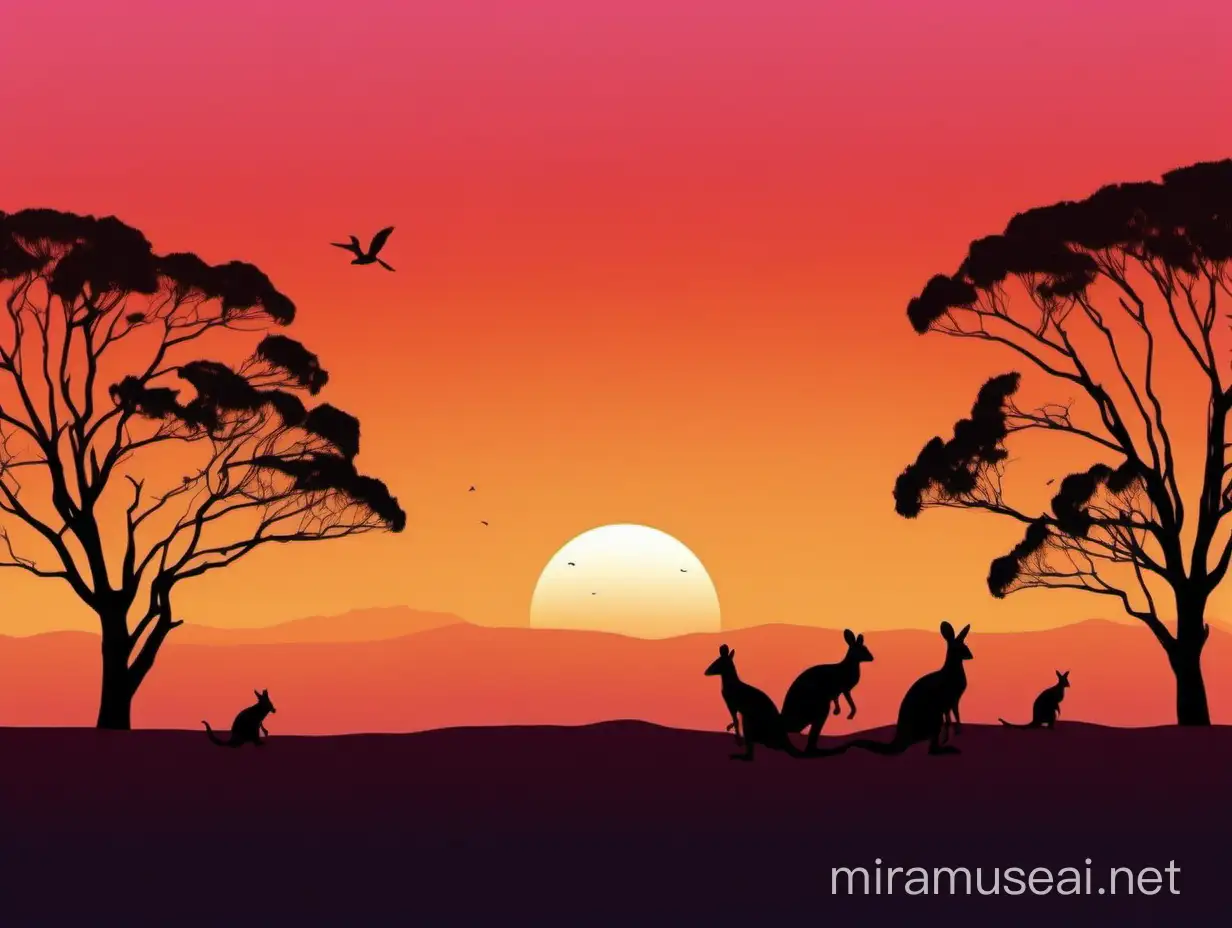 Sunset gradient background, with silhouettes of distant gumtrees and small kangaroos on either side