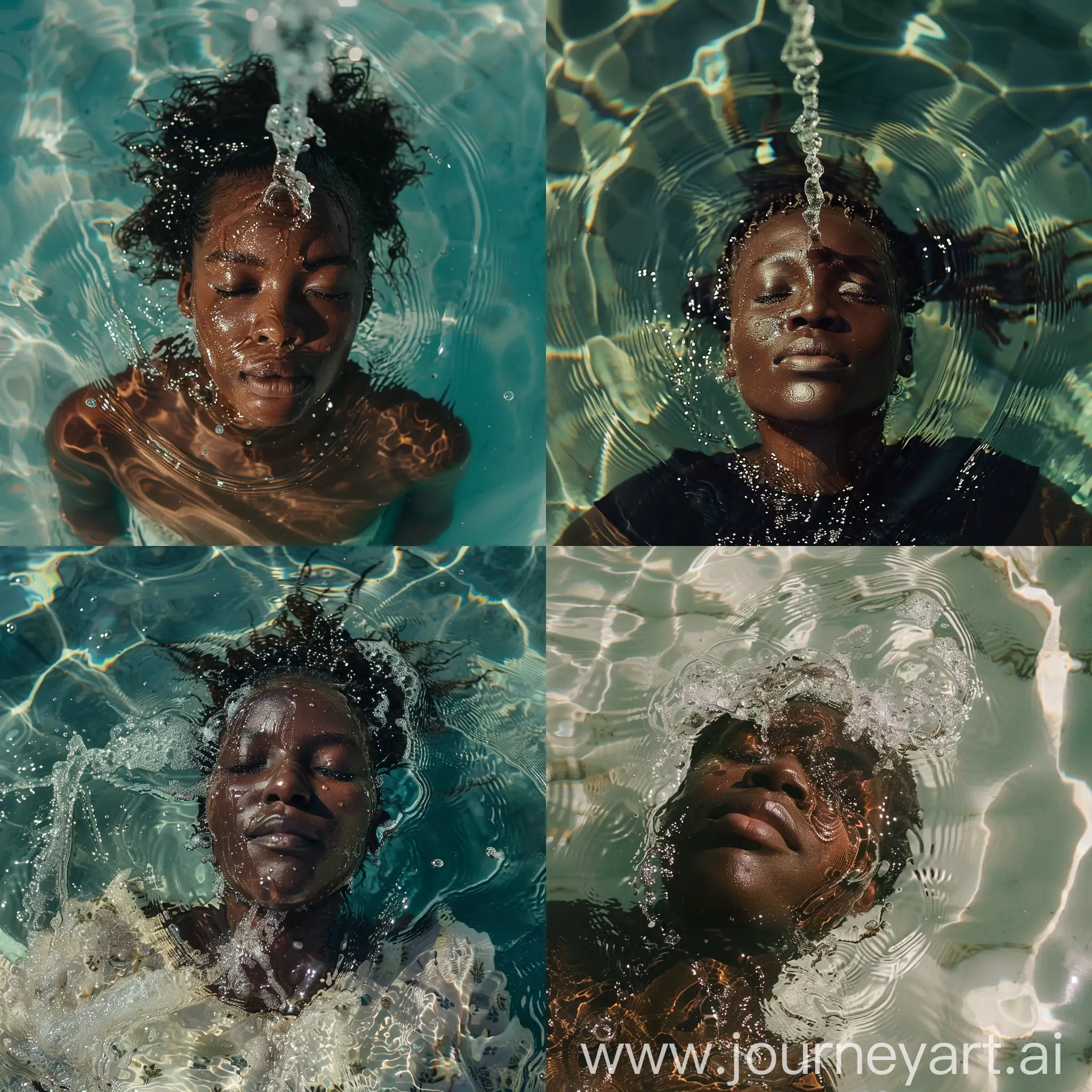 Upclose erial view of an African woman floating on water On a sunny day. There’s water flowing from her face as well.