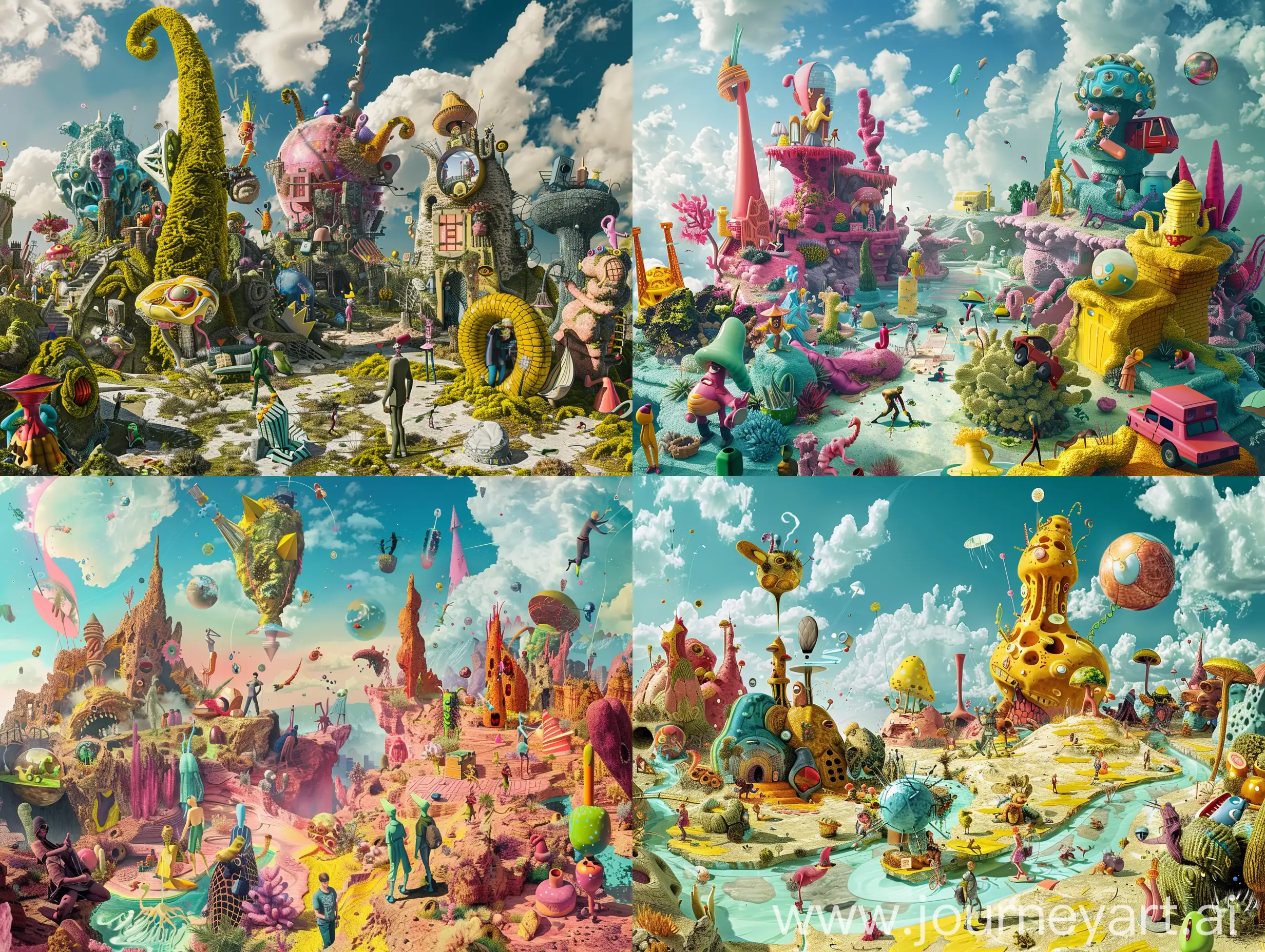 /imagine prompt: Surrealistic landscape with people and objects in a bizarre world, vivid colors, dreamlike atmosphere, abstract shapes, pop art influence, visual paradox, distorted perspectives, whimsical details, vibrant energy, imaginative creatures, artistic innovation, high-resolution, editorial quality