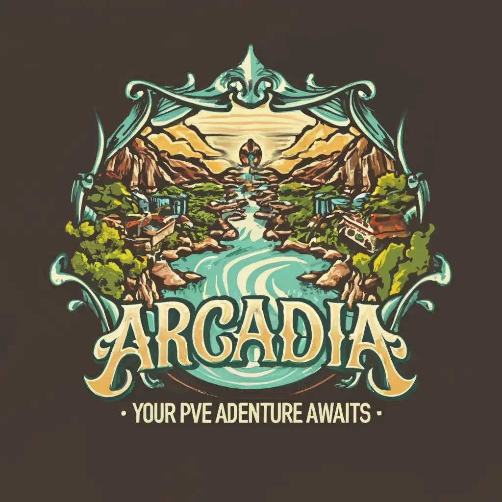 logo, Gaming, adventure, player, environment, with the text "Arcadia - Your PVE Adventure Awaits", typography