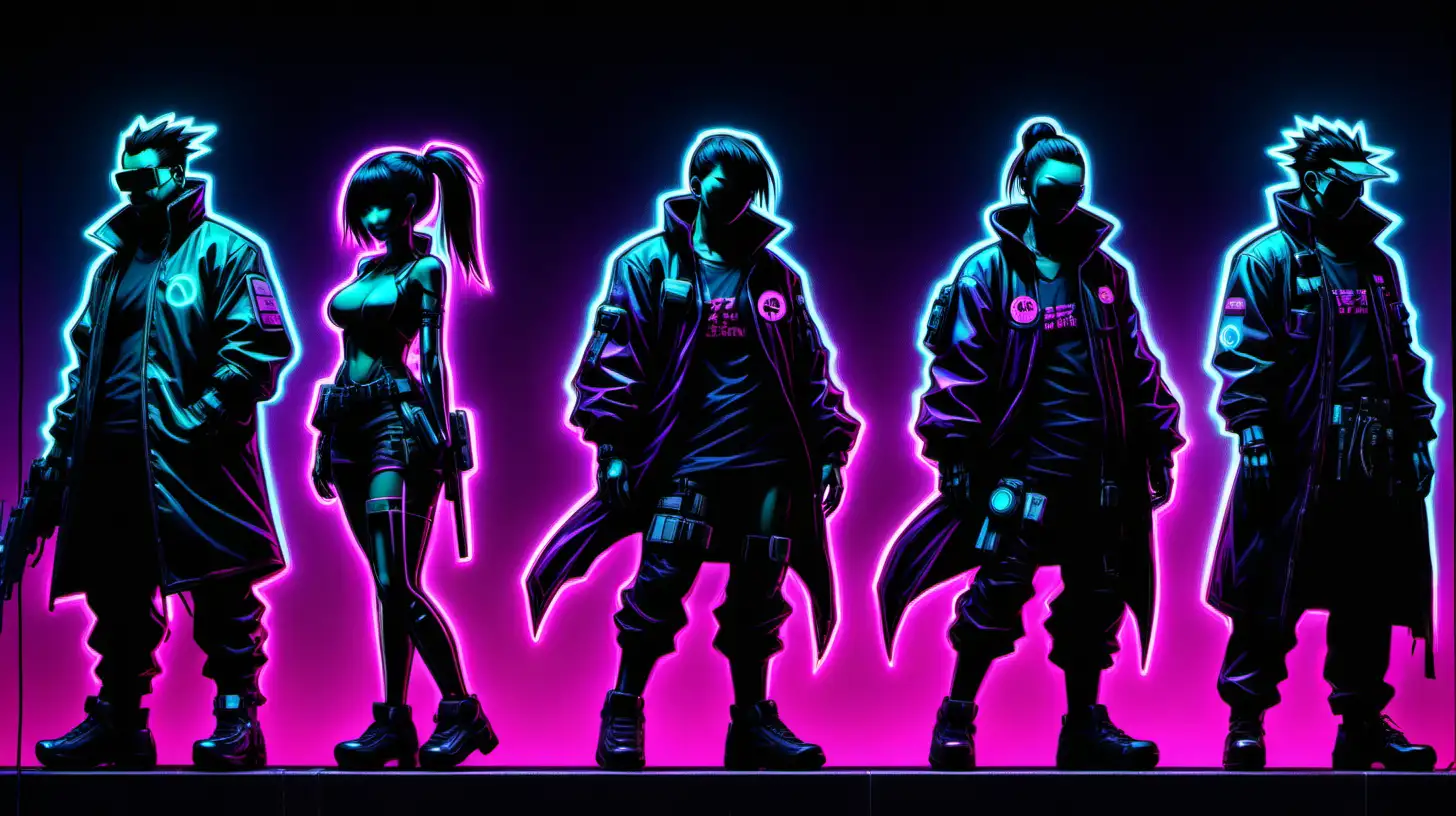 Japanese Cyberpunk Neon Character Silhouettes in Futuristic Cityscape