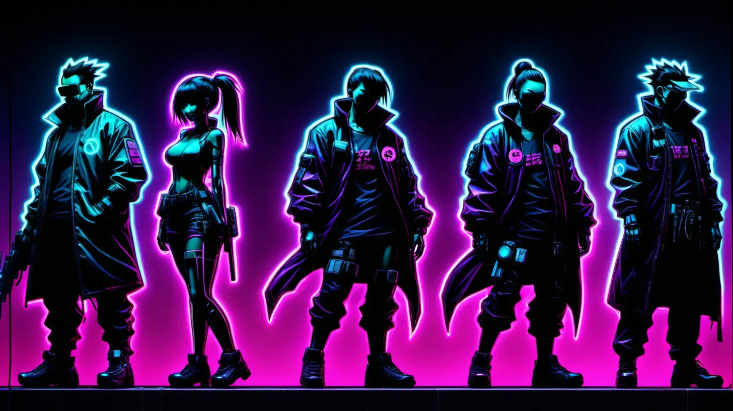 Japanese cyberpunk neon character silhouettes