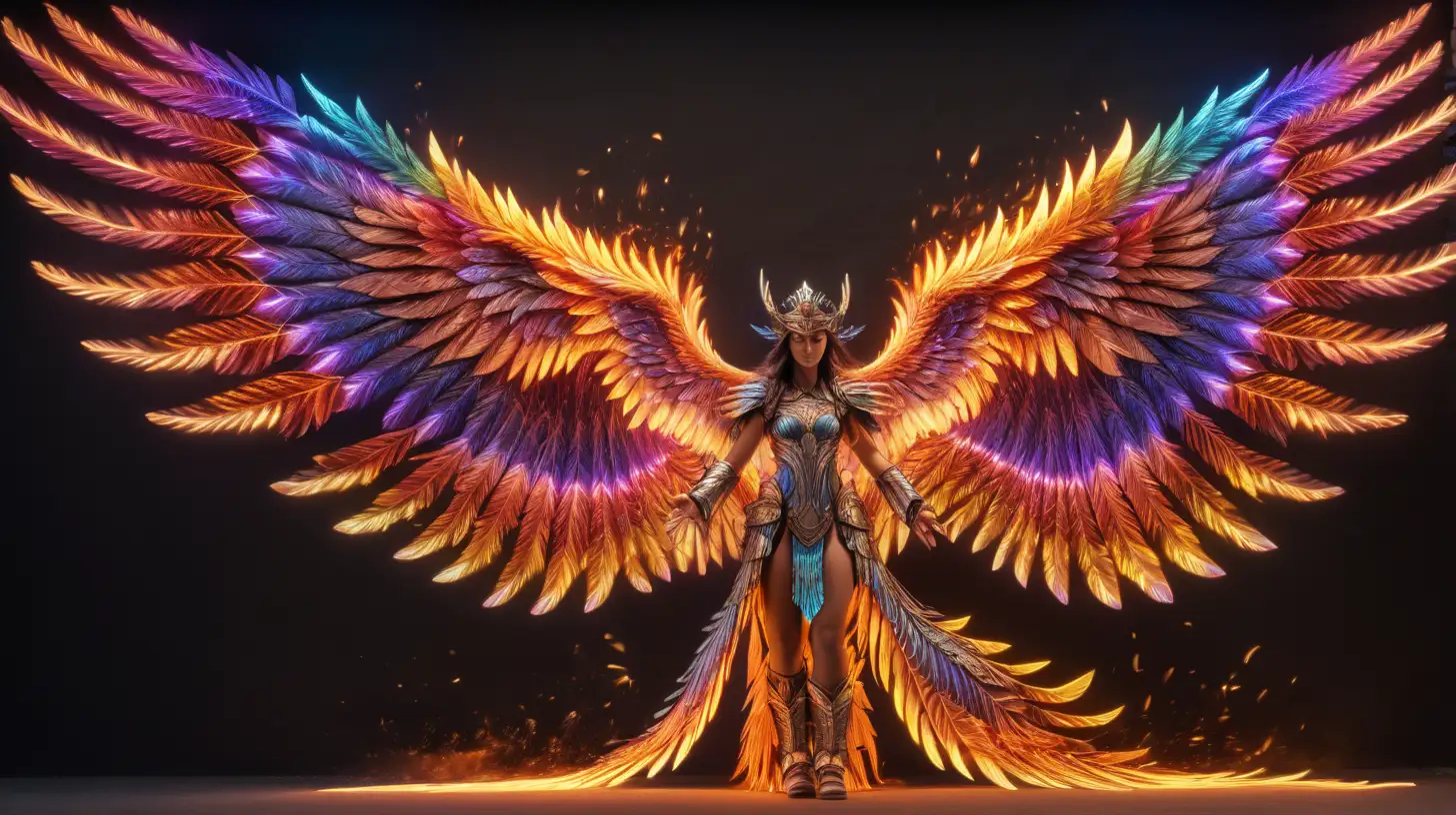 valkyrie with large wings made entirely of fire. Pyrokinetic Wing Manifestation. neon rainbow fire. very intricately and microscopically detailed. emphasizing the free flow of fire and flames. Elemental Wing Manifestation and Energy Wing Manifestation. emphasizing free form of fluid wings. Pyro Wings. Wings of Fire. Feather Projection. aura wings. Ignikinetic Wings